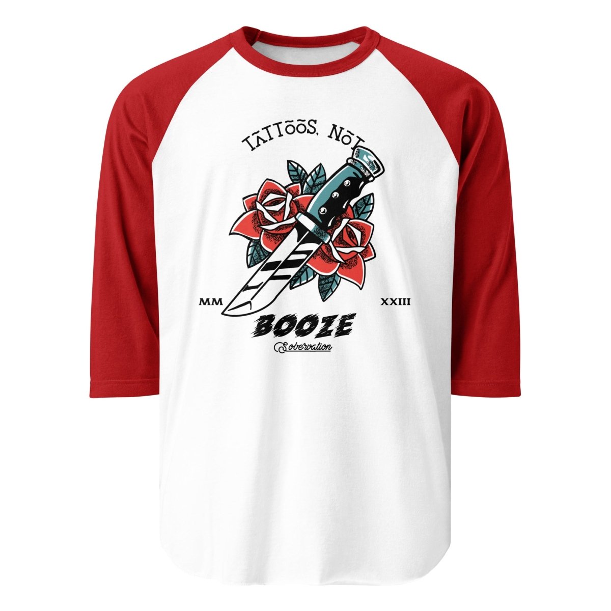 Rose Dagger Design 3/4 Sleeve Raglan Shirt for Tattoo Lovers - Stylish Casual Wear for Tattoo Shops, Concerts & Alternative Fashion