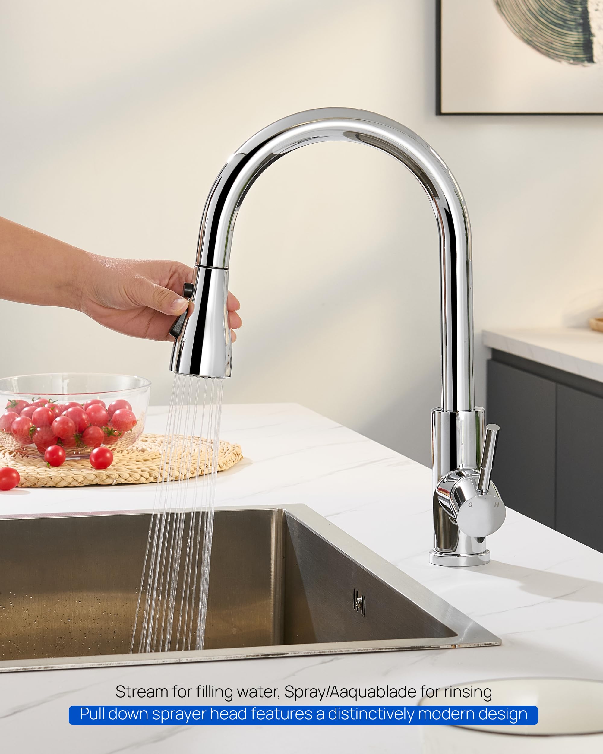 J-HVA 3-Function Pull Down Kitchen Faucet Sprayer Head - Chrome Replacement for Sink Faucets (15 Connectors) - Perfect for Home Kitchen Upgrades