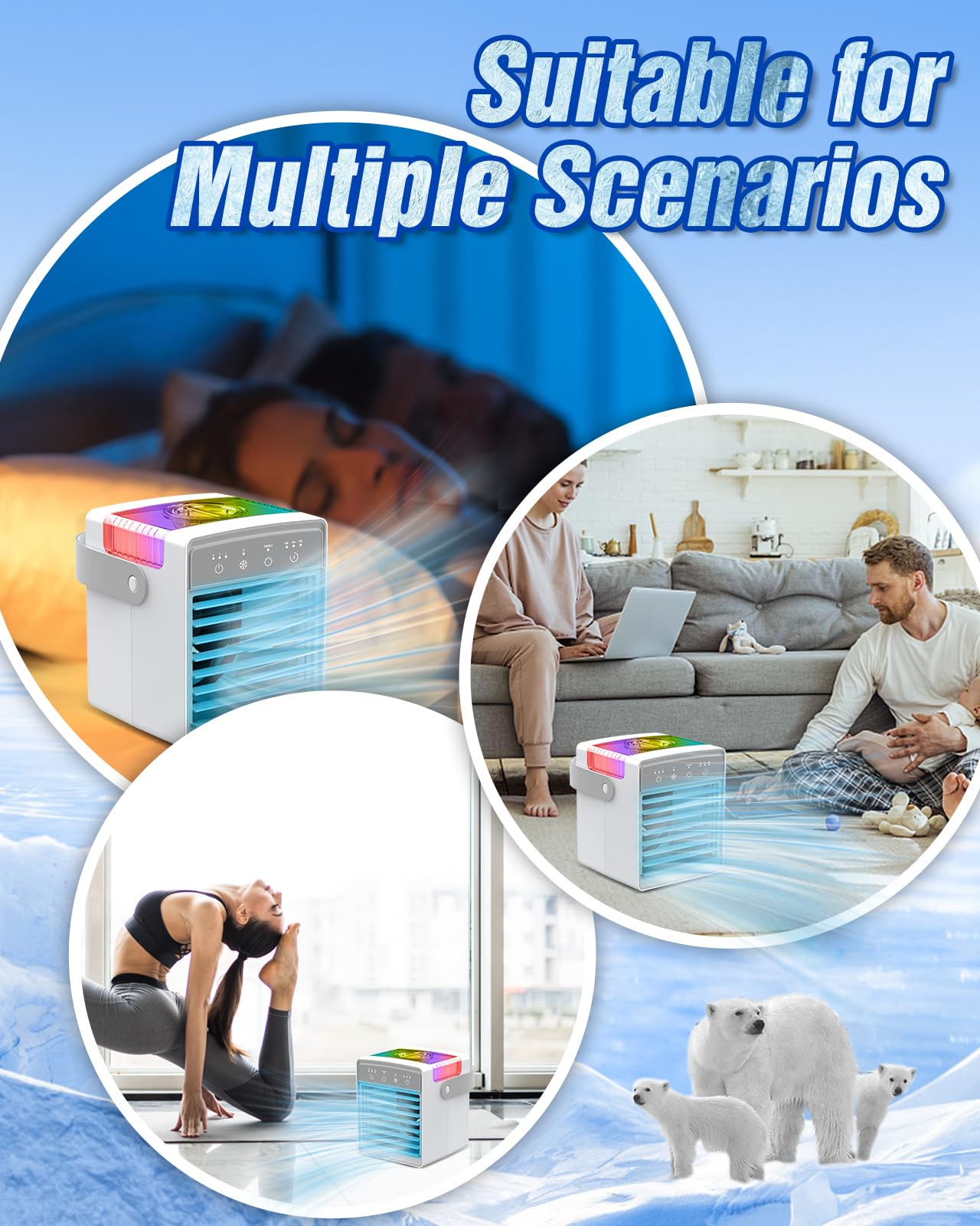 Portable Air Conditioner with 3 Wind Speeds & 7 LED Lights - 4-in-1 Evaporative Cooler with 300ml Large Water Tank - Mini AC Unit for Bedroom, Home, Office, Car, Camping - Stay Cool Anywhere