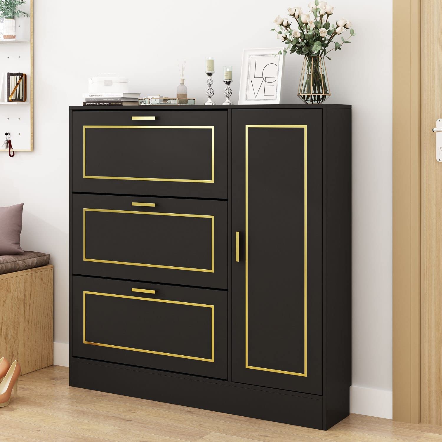 FAMAPY 3-Tier Shoe Storage Cabinet with Flip Drawers & Locker - Wooden Entryway Shoe Organizer for Hallway, Closet or Bedroom - Black and Gold Modern Design (47.2”W x 9.5”D x 47.2”H) - Perfect for Small Spaces, Apartment Living & Shoe Organization