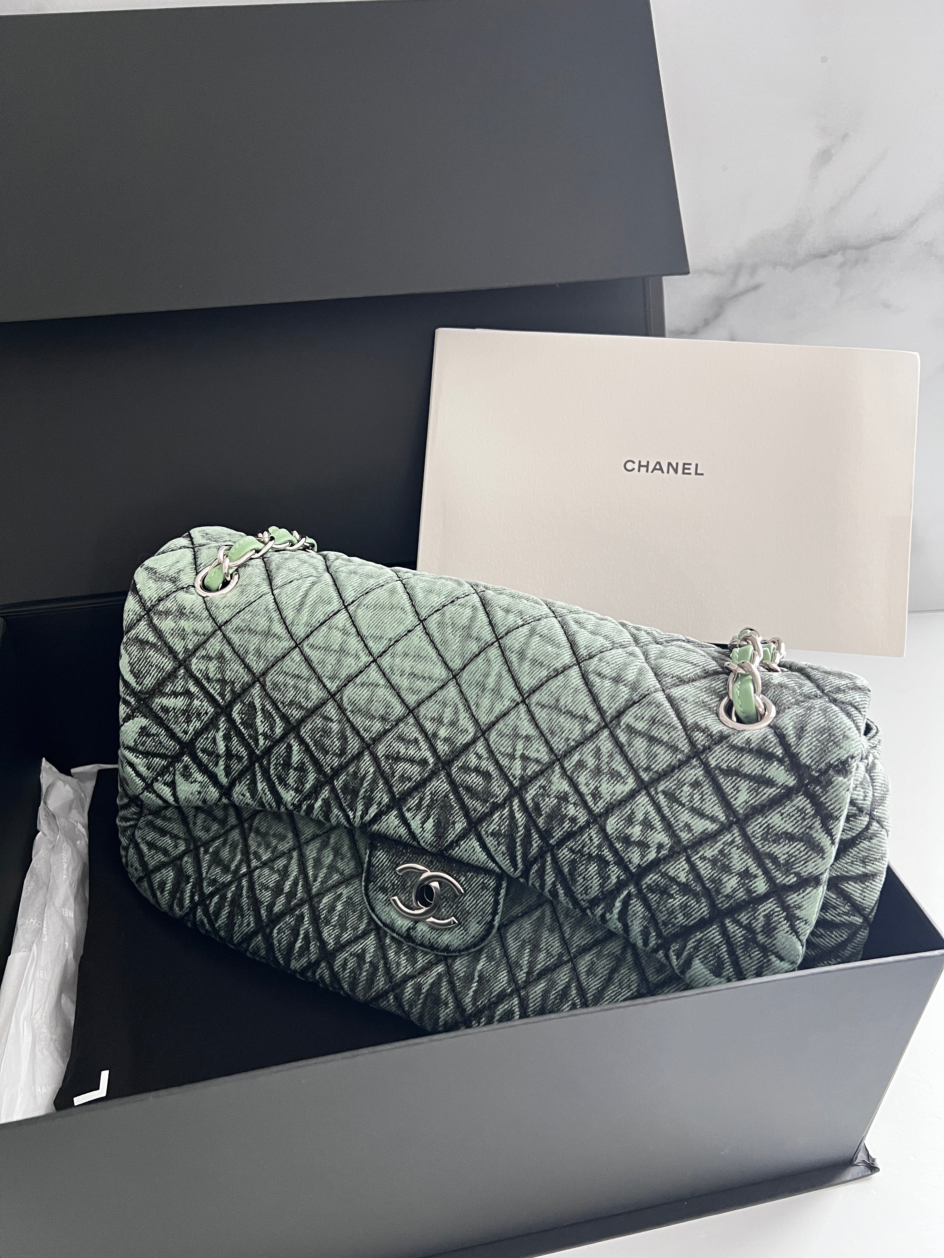 Authentic Chanel Denimprassion Flap Bag - Quilted Distressed Denim XL Green Crossbody Bag for Women | Luxury Designer Handbag for Everyday Use, Parties & Special Occasions