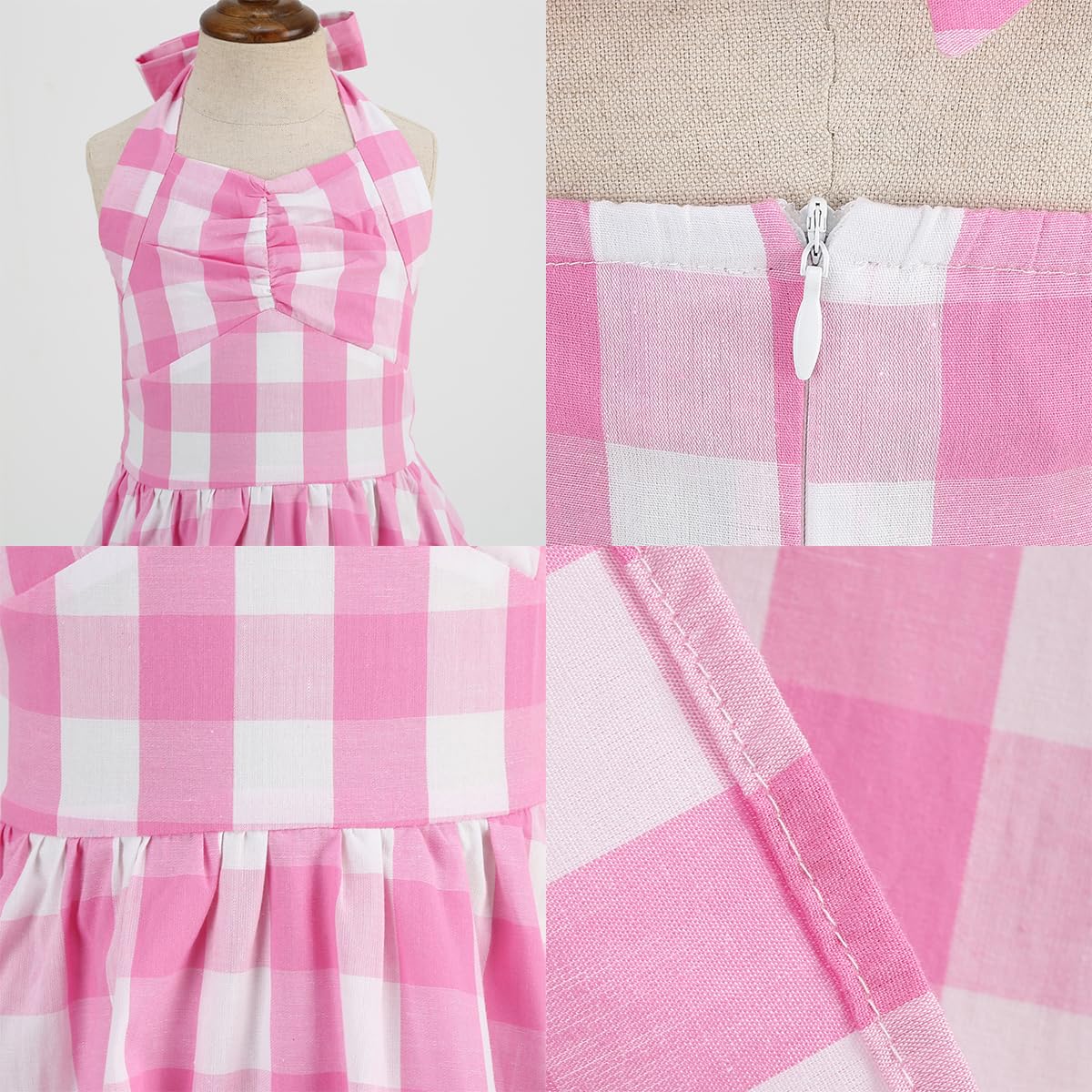 Vintage 50s Pin Up Rockabilly Dress for Girls - Sweetheart Neckline Halter Plaid Ruffle Dress in Pink Gingham | Perfect for Birthday Parties, Photo Shoots & Retro Fashion Events