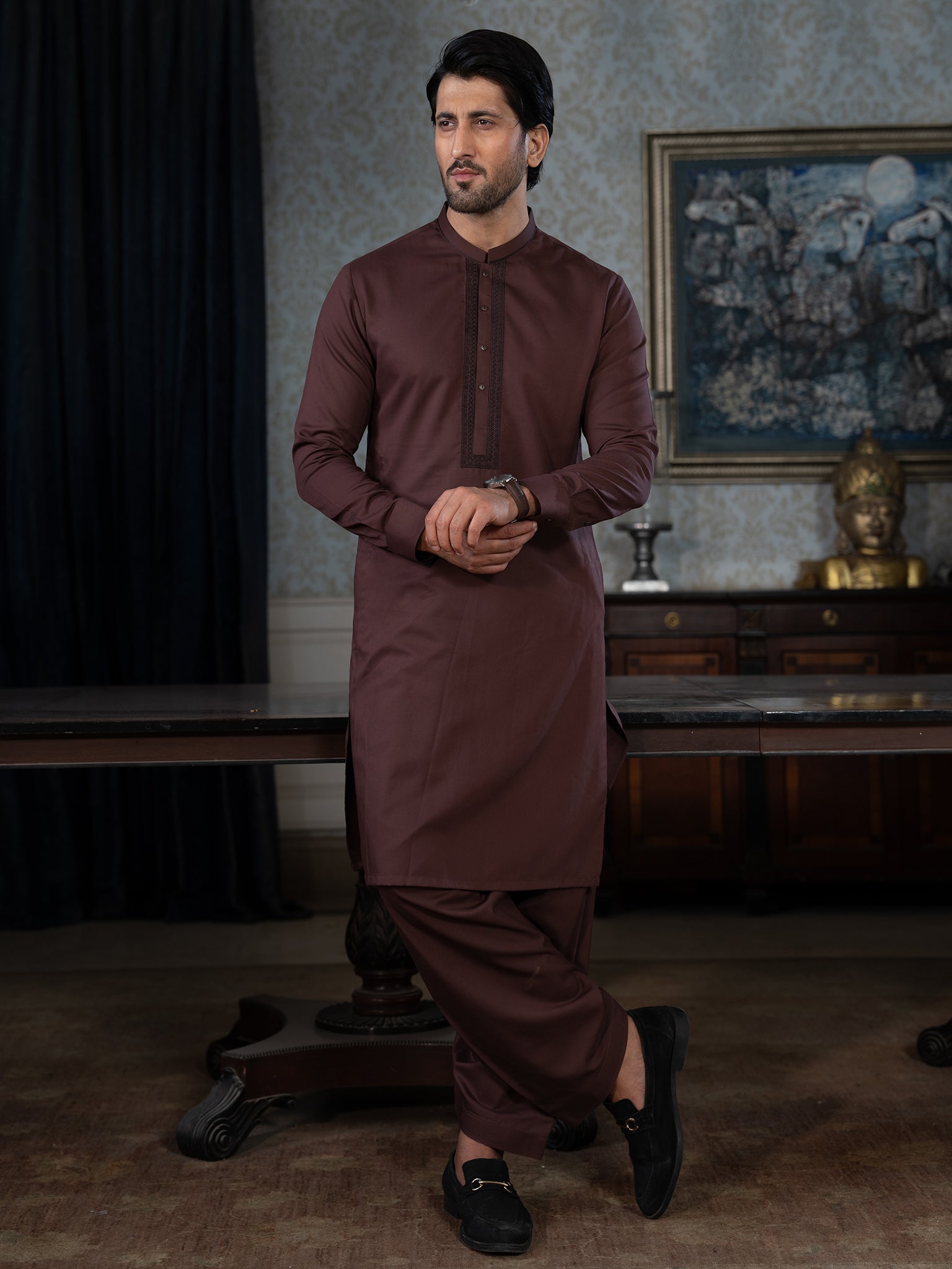 Blended Burberry Puce Kurta Trouser by J. Junaid Jamshed - Stylish Traditional Pakistani Outfit for Weddings & Festive Occasions