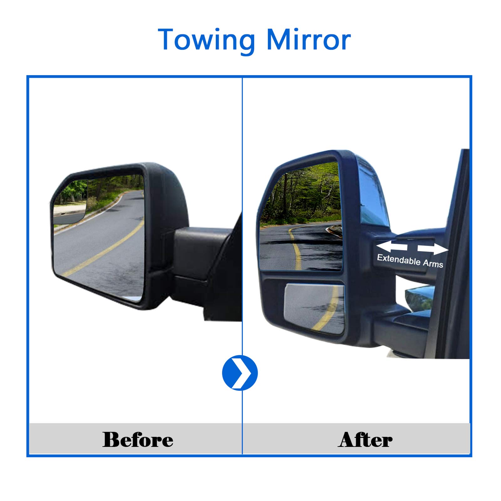 Heated Power Towing Mirrors for 2015-2020 Ford F150 Pickup Truck - Temperature Sensor, Turn Signal, Puddle Lights & Auxiliary Lamp - 22-Pin Plug Chrome Cap - Perfect for Towing, Off-Roading & Night Driving