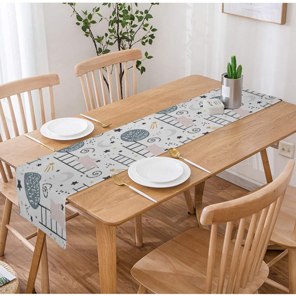 Swono Bear Table Runner - Cotton Linen Tablecloth with Cute Bear, Star & Moon Patterns - 14x72 Inch Non-Slip Kitchen Dining Decor for Coffee Tables, Tea Parties & Holiday Dinners