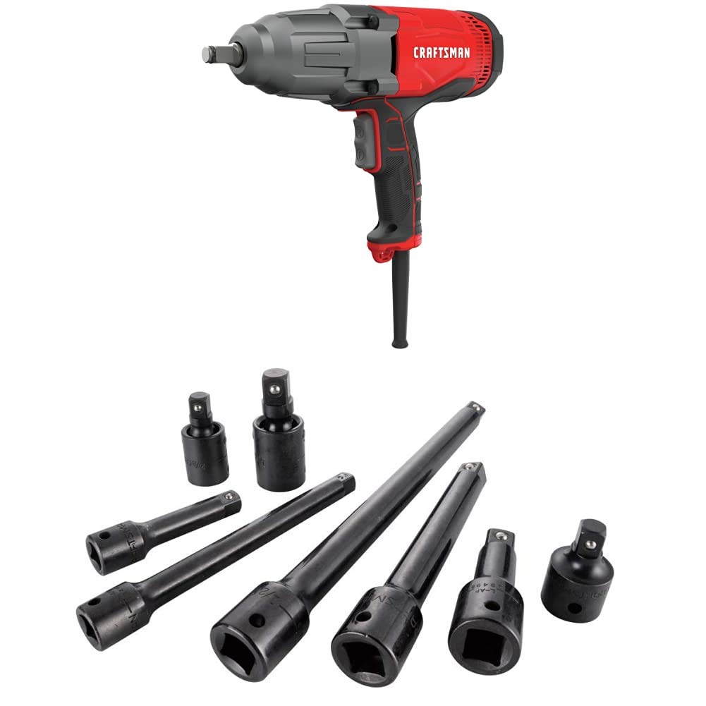 CRAFTSMAN 1/2-Inch 7.5-Amp Impact Wrench with 8-Piece Impact Rated Socket Extension & Adapter Set (CMEF901 & CMMT15358) - Perfect for Automotive Repairs, Construction Projects, and DIY Home Maintenance