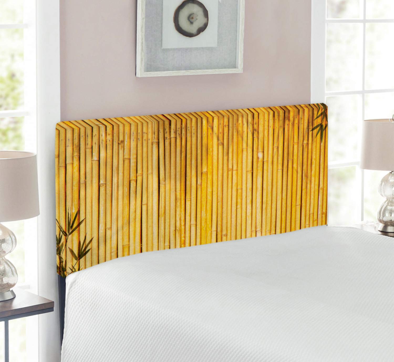 Ambesonne Forest Headboard - Twin Size Upholstered Metal Bed Frame with Memory Foam, Wildlife & Nature Inspired Leaf Print in Yellow Mustard - Perfect for Bedroom Decor, Kids Room, or Guest Room
