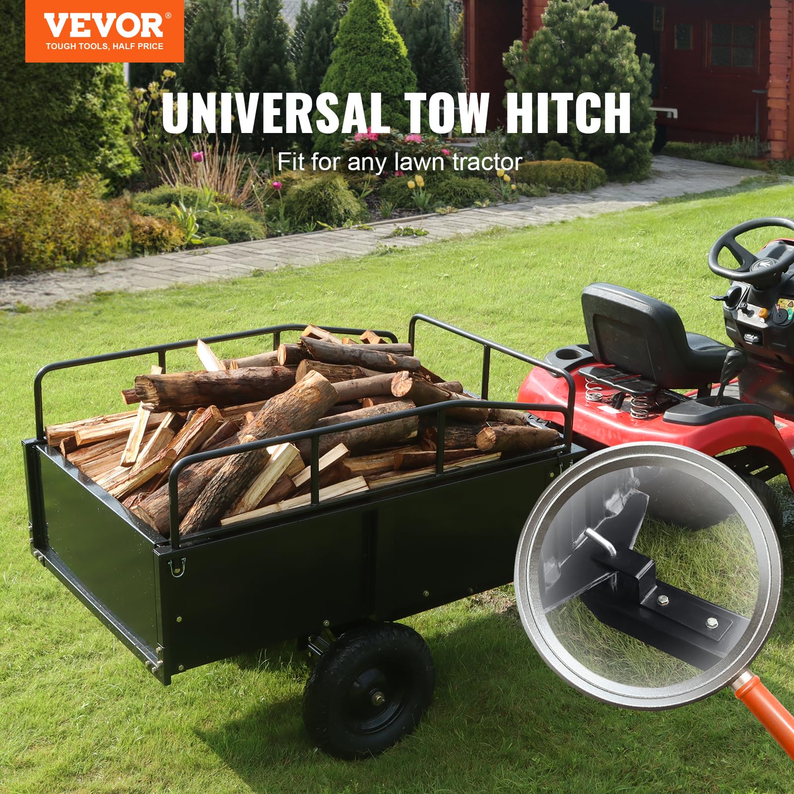 VEVOR Heavy Duty ATV Trailer - 750 lb Capacity Steel Dump Cart with Removable Sides, 15 Cubic Feet Utility Garden Trailer for Lawn Mower, Tractor, Farm & Landscaping Use