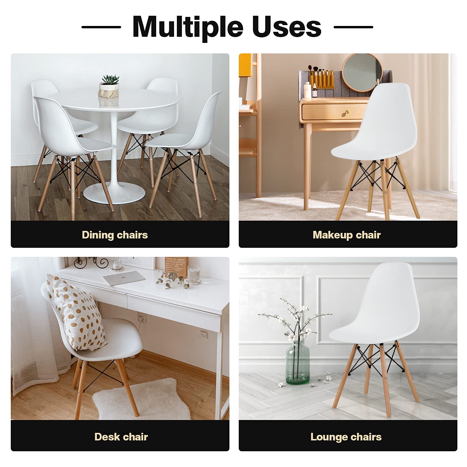 GOFLAME DSW 4-Piece Dining Chair Set - Modern White Plastic Shell Chairs with Wooden Legs, Armless Design for Kitchen, Living Room, Bedroom | Perfect for Small Spaces, Breakfast Nooks & Compact Dining Areas