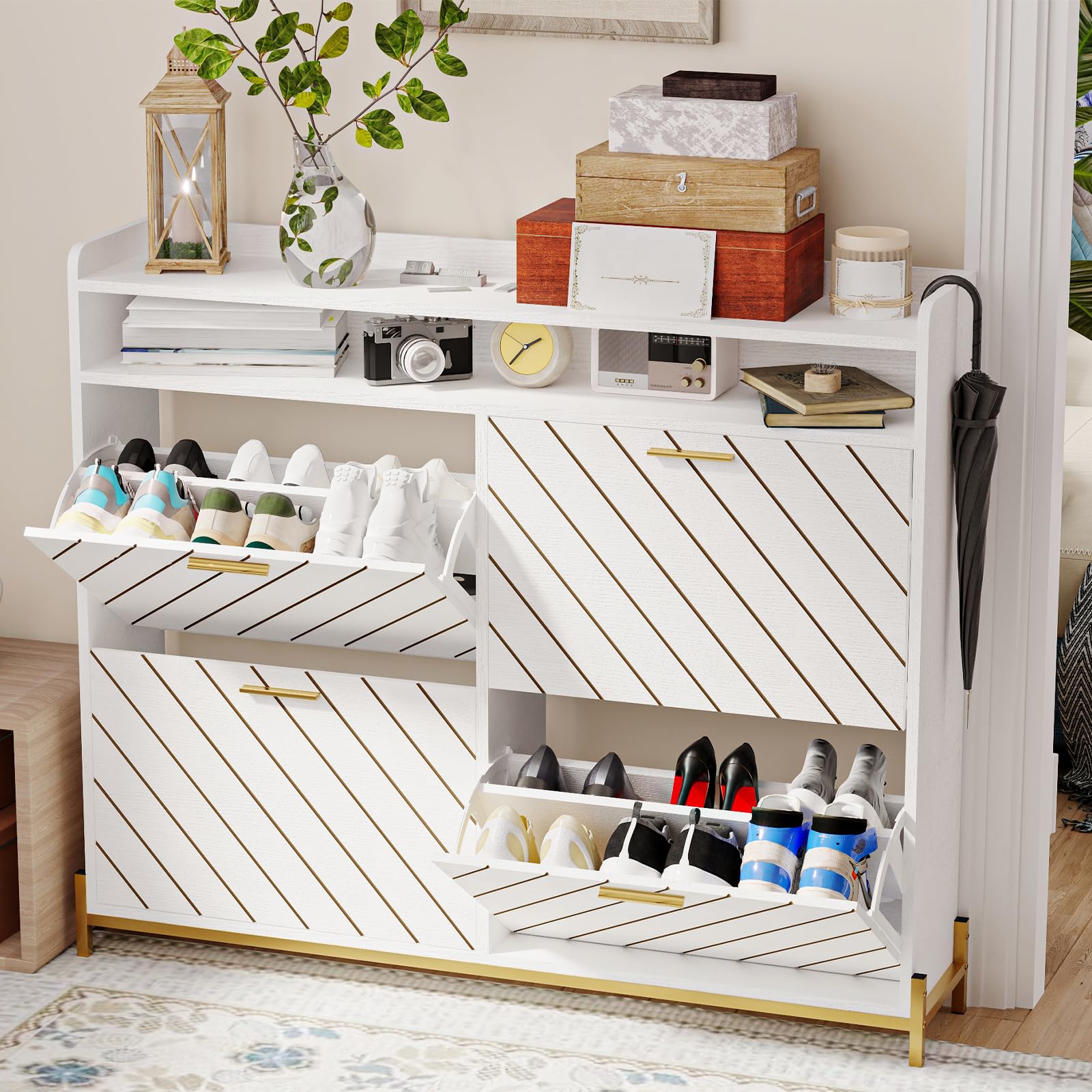 Slim Hidden Shoe Cabinet with 4 Flip Drawers - Large Shoe Rack Organizer with Open Storage Shelf for Entryway, Hallway & Closet - Space Saving Shoe Storage Solution for Small Apartments and Homes