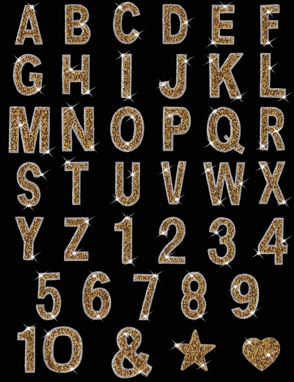 47Pcs Large Rhinestone Letter Stickers - 26 Self-Adhesive Alphabet Stickers, 10 Crystal Number Stickers & Heart Stickers for DIY Clothing, Jeans, Hats, Bags - Gold Glitter Decoration for Parties, Crafts & Fashion Accessories