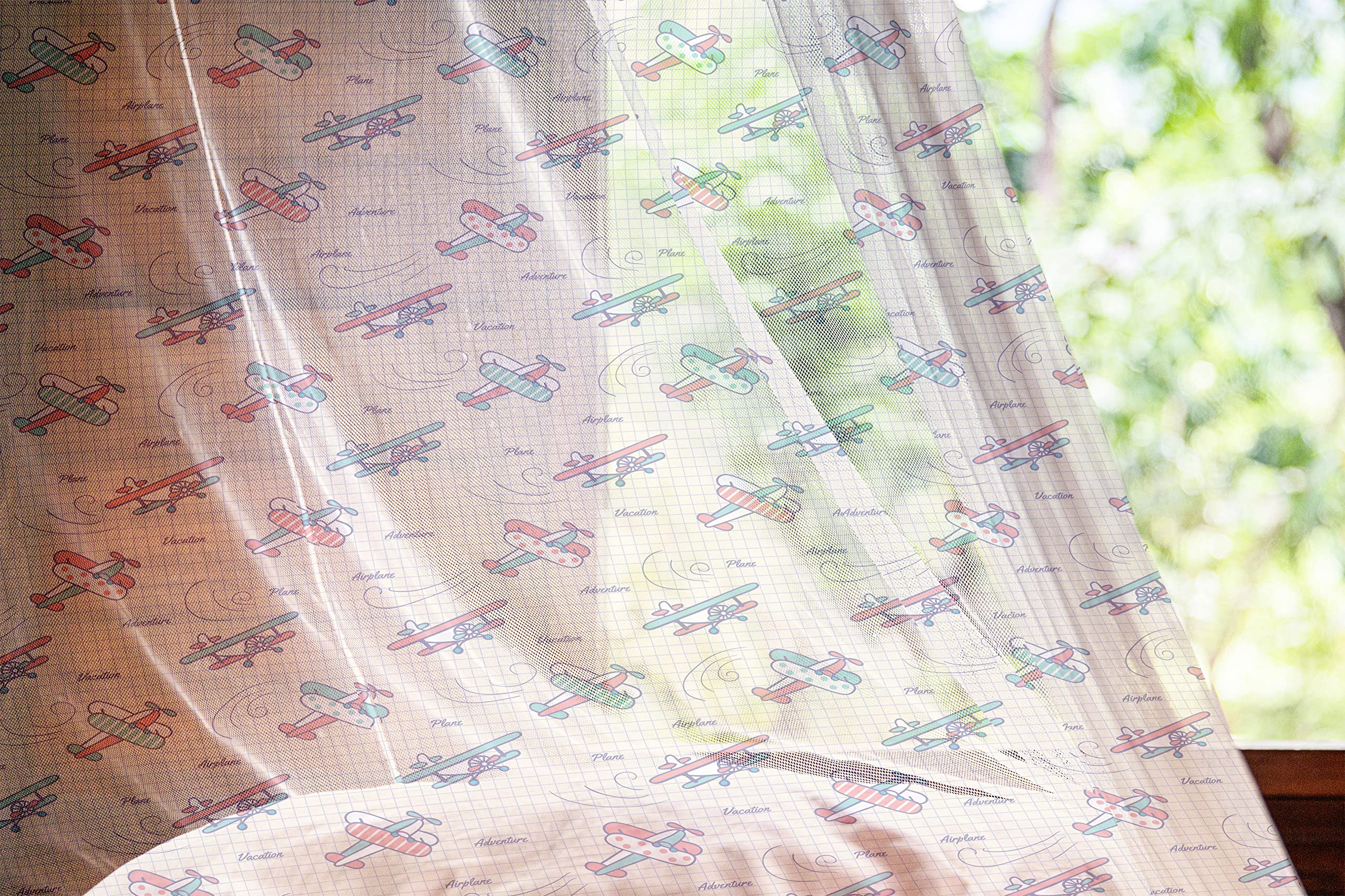 Vintage Airplane Tulle Curtains with Rod Pocket - Colorful Aircraft Design on Notebook Background for Adventure & Exploration Theme, Sheer Drapes for Wedding, Party, Bedroom & Living Room Decor - 2 Panels, 108