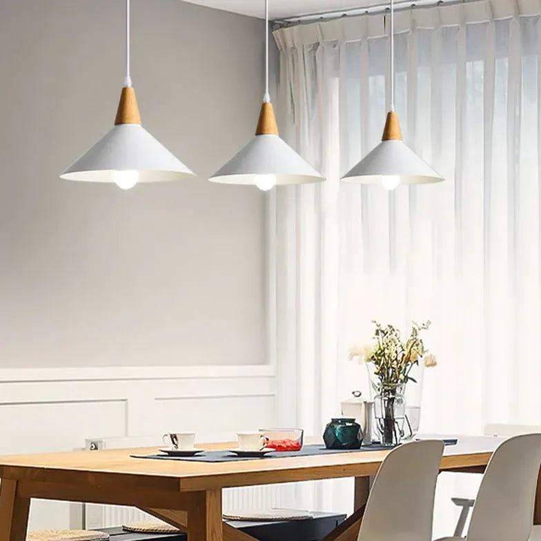 Modern White Pendant Light with Wooden Handle - Stylish Ceiling Lighting for Kitchen, Dining Room and Bedroom Decor
