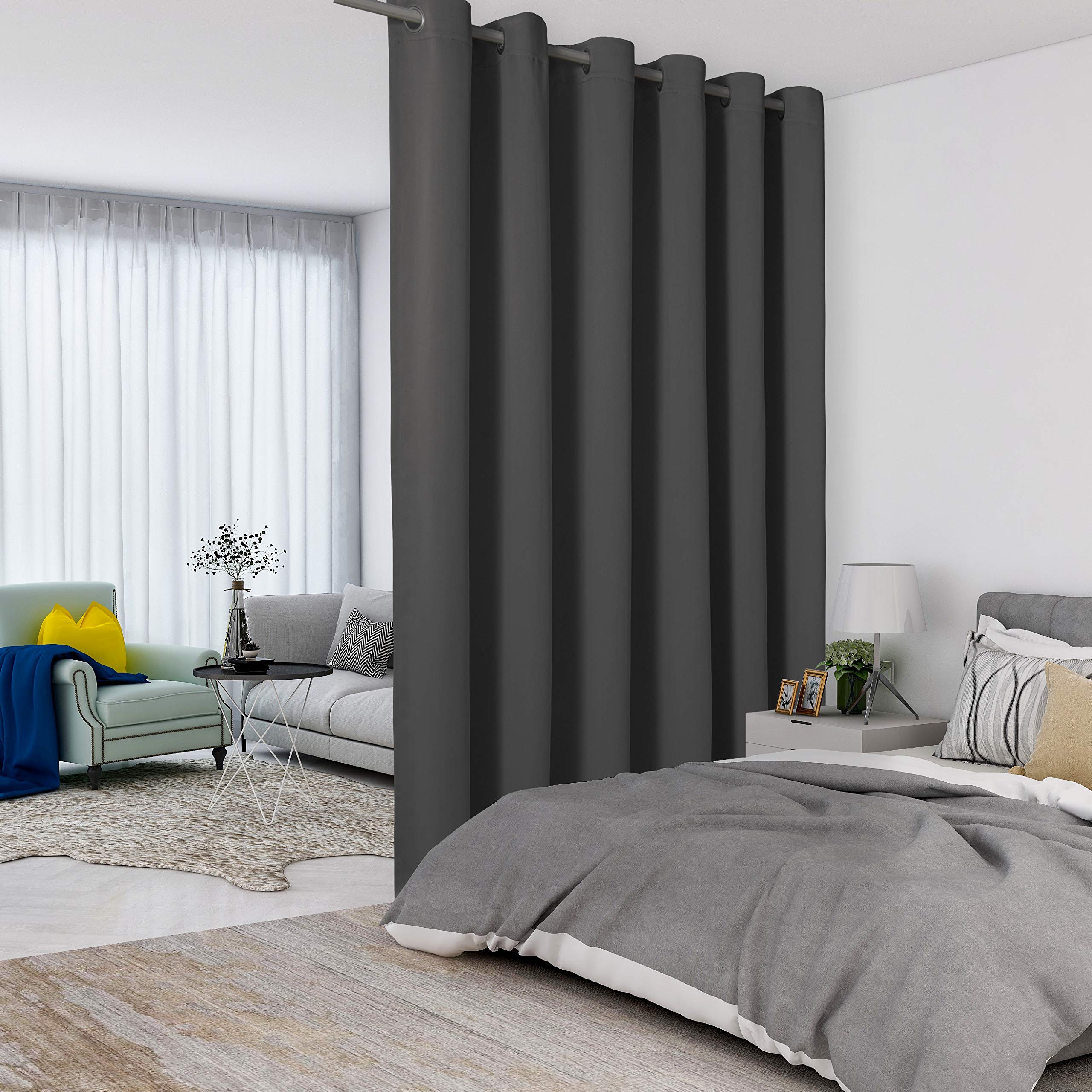 LORDTEX Dark Grey Room Divider Curtains - Soundproof Blackout Privacy Panel for Living Room, Bedroom, Patio Sliding Door - 15ft Wide x 9ft Tall - Perfect for Home Office, Studio, and Room Partitioning