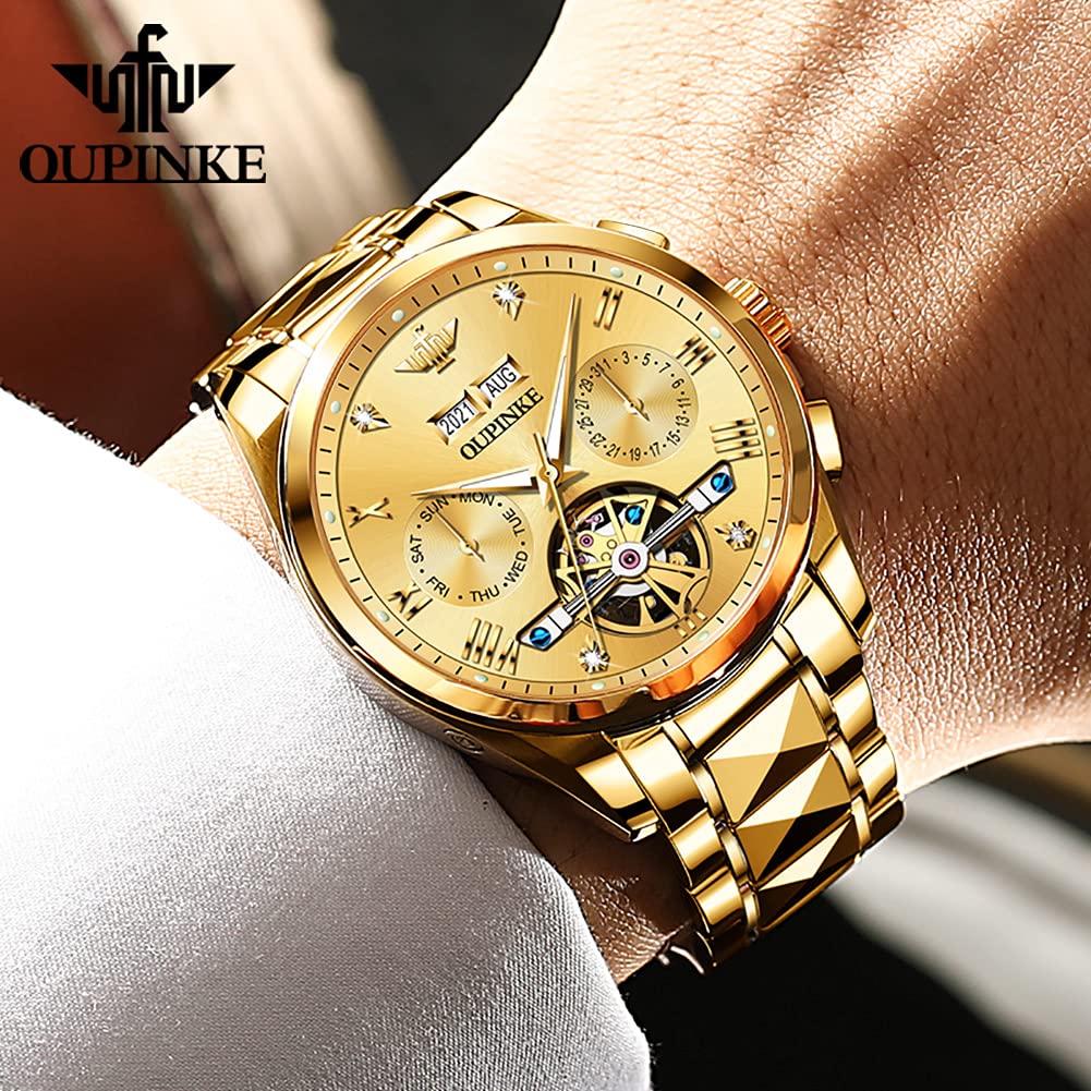 OUPINKE Men's Automatic Skeleton Watch - Self-Winding Mechanical Watch with Sapphire Crystal, 50M Waterproof & Tungsten Steel Case - Perfect for Business, Formal Events & Everyday Wear