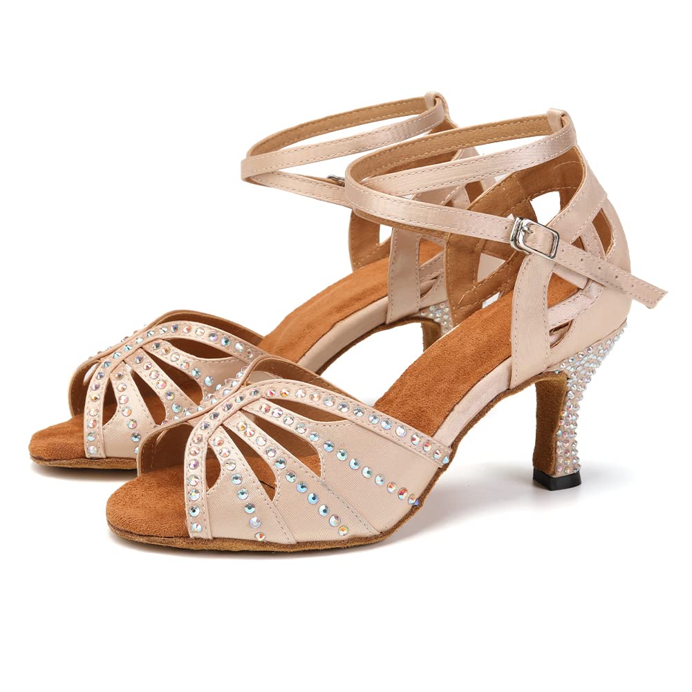 YKXLM Women's Latin Ballroom Dance Shoes - Rhinestone Salsa Shoes with 3 Inch Heel & Suede Sole | Professional Dance Performance, Wedding, Party, Competition