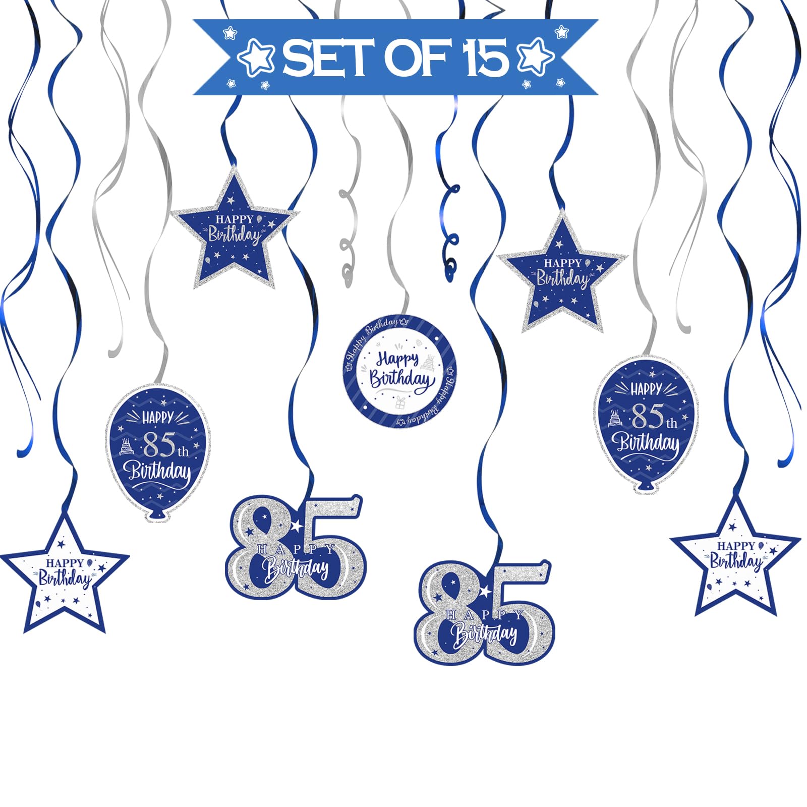 85th Birthday Blue & Silver Glitter Swirl Streamers - 15 Pcs Hanging Party Decorations Kit for Milestone Celebrations | Perfect for Wall Decor, Photo Backdrops, and Birthday Party Sign Enhancements