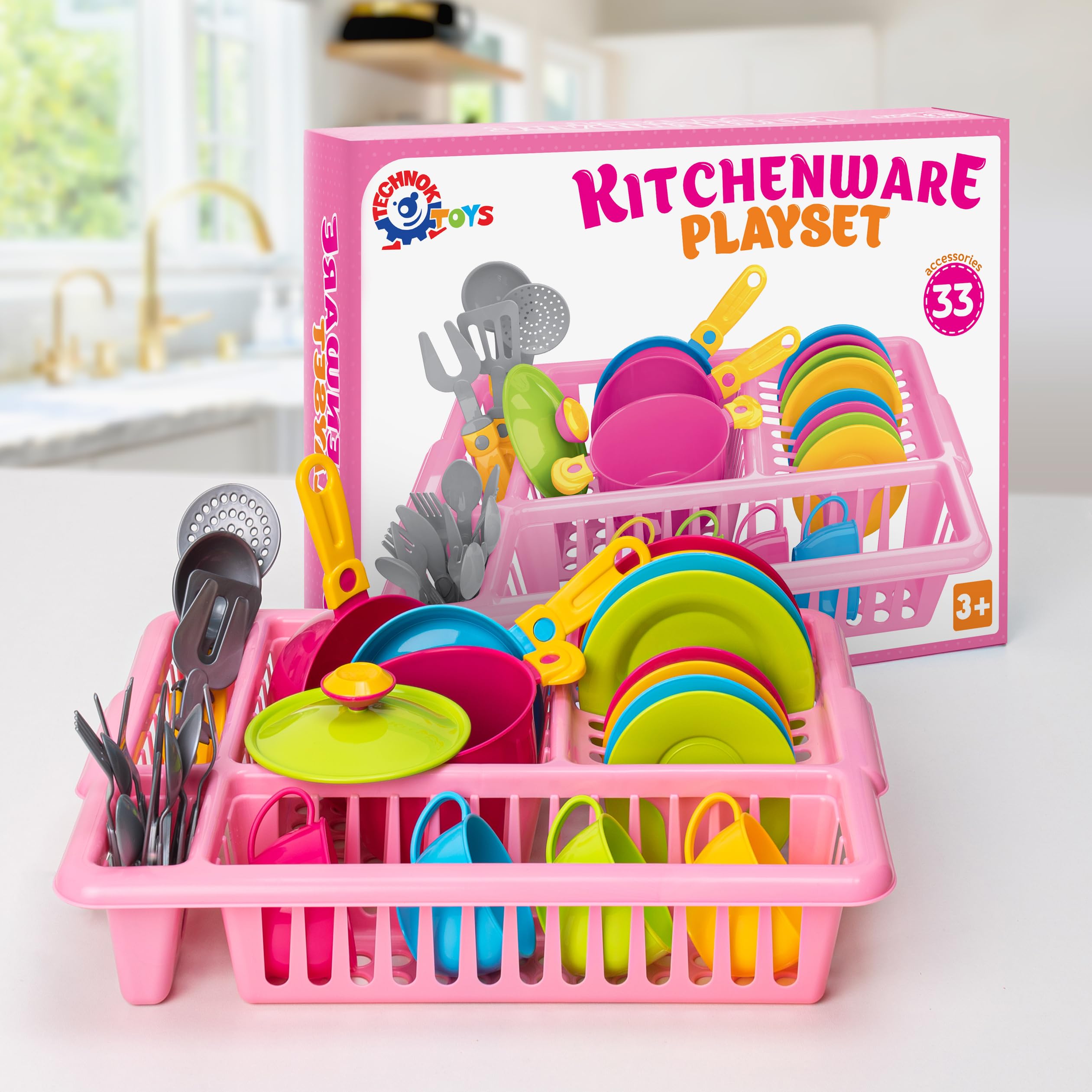 Colorful 33-Piece Kids Pretend Play Kitchen Dishes Set with Drainer - Durable Toy Cookware & Tableware for Toddlers | Perfect for Role Play, Tea Parties & Learning Fun (Pink)