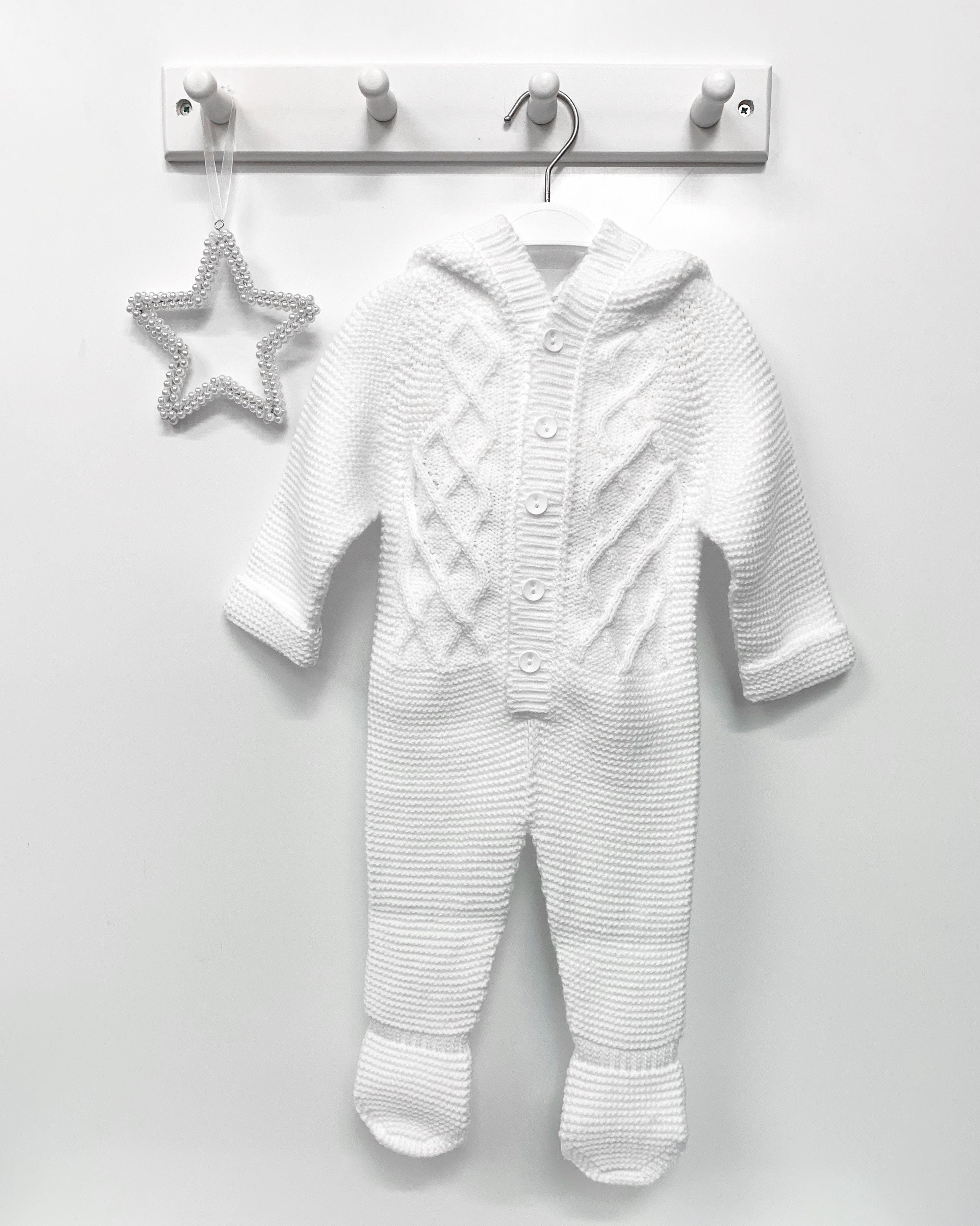 Baby White Knitted Pom Pom Pramsuit - Soft & Warm Winter Outfit for Newborns - Perfect for Stroller Walks, Photo Shoots & Outdoor Adventures