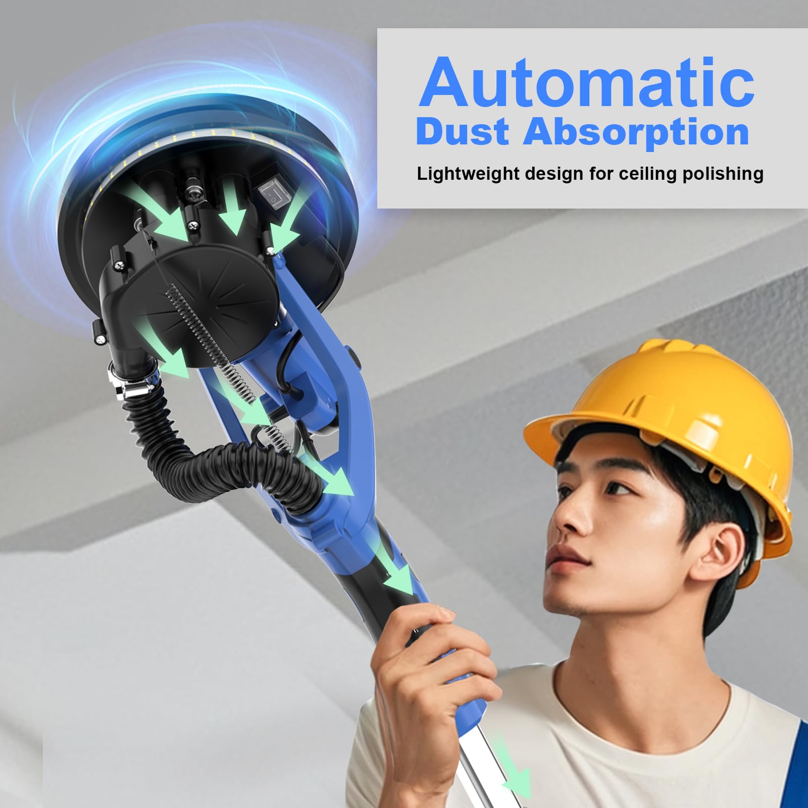 AZZUNO 12A Electric Drywall Sander with Vacuum Dust Collector - 5-Speed 800-1900RPM Popcorn Ceiling Removal Tool, LED Light & 12 Sanding Discs, Foldable Extendable Handle for Home Renovation and DIY Projects