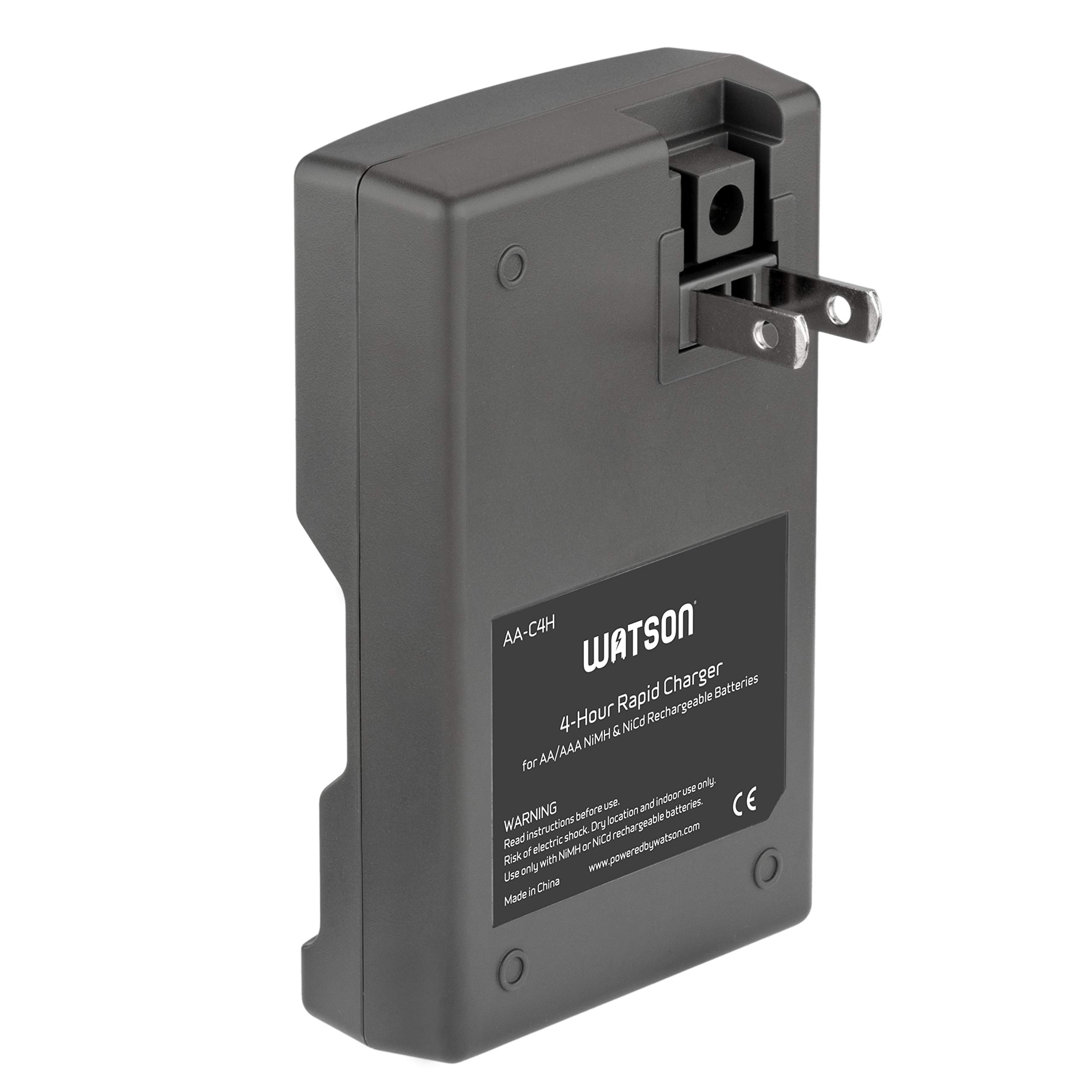 Watson Rapid Charger with 4 AA NiMH Rechargeable Batteries 2500mAh - Fast Charging for Cameras, Flashlights & Gaming Controllers - Perfect for Home, Office & Travel Use