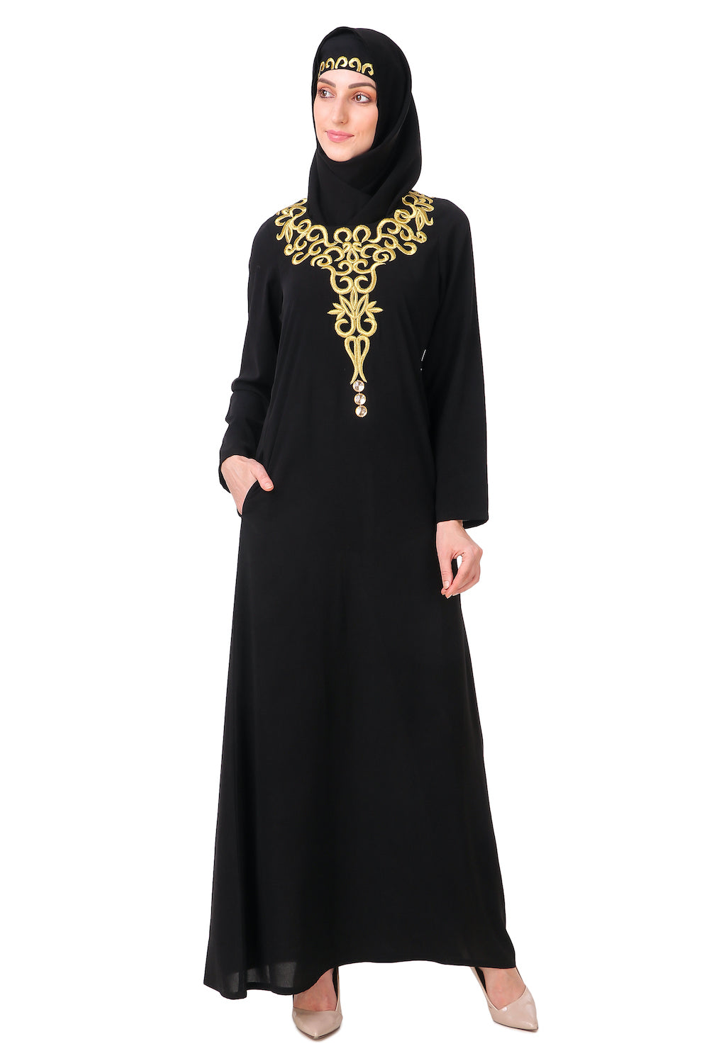 Gold Hand Embroidered Neck Fancy Abaya AY 810 - Elegant Islamic Dress for Women | Perfect for Eid, Weddings & Special Occasions