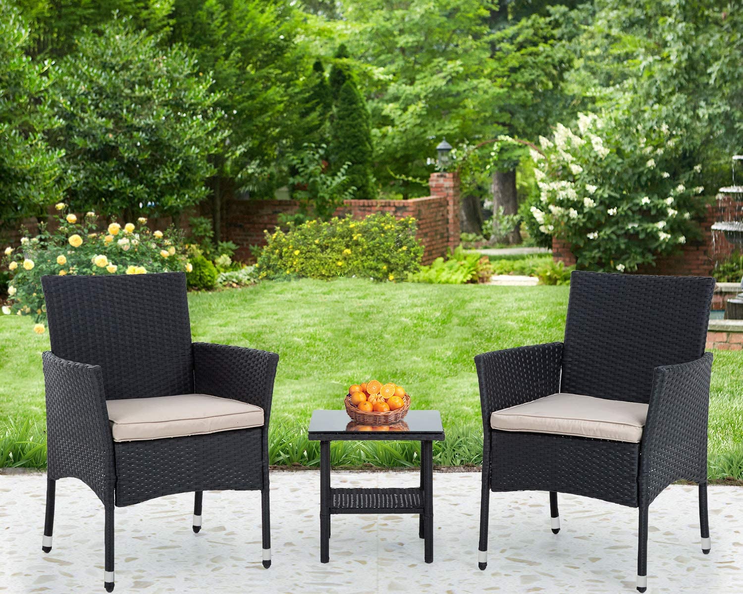 3-Piece Black Wicker Patio Furniture Set - Outdoor Rattan Chairs & Table for Backyard, Porch, Poolside, Lawn - Perfect for Relaxing, Entertaining & Dining Al Fresco