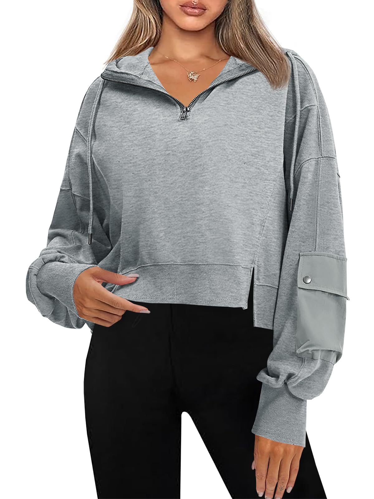 Fisoew Women's Cropped Hoodie Half Zip Pullover - Long Sleeve Pocketed Loose Fit Hooded Sweatshirt for Fall | Casual Outfit, Streetwear, Lounge Wear