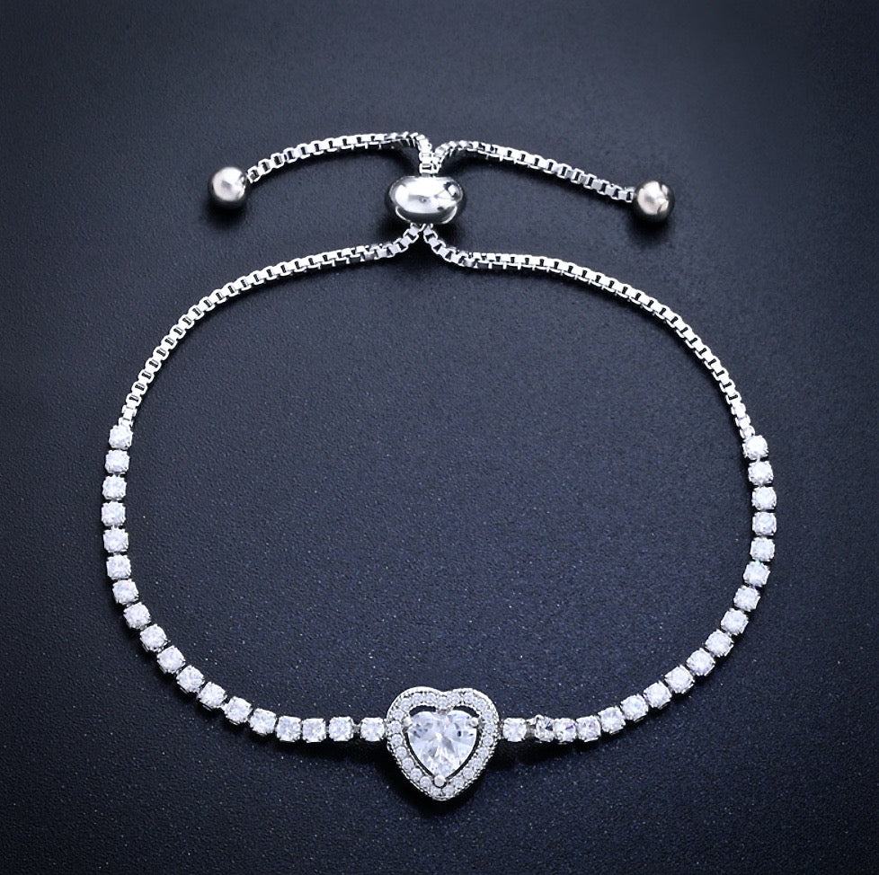 Elegant Etienne Heart CZ Bridal Bracelet - Sterling Silver, Rose Gold & Yellow Gold Options | Perfect for Weddings, Anniversaries & Romantic Gifts