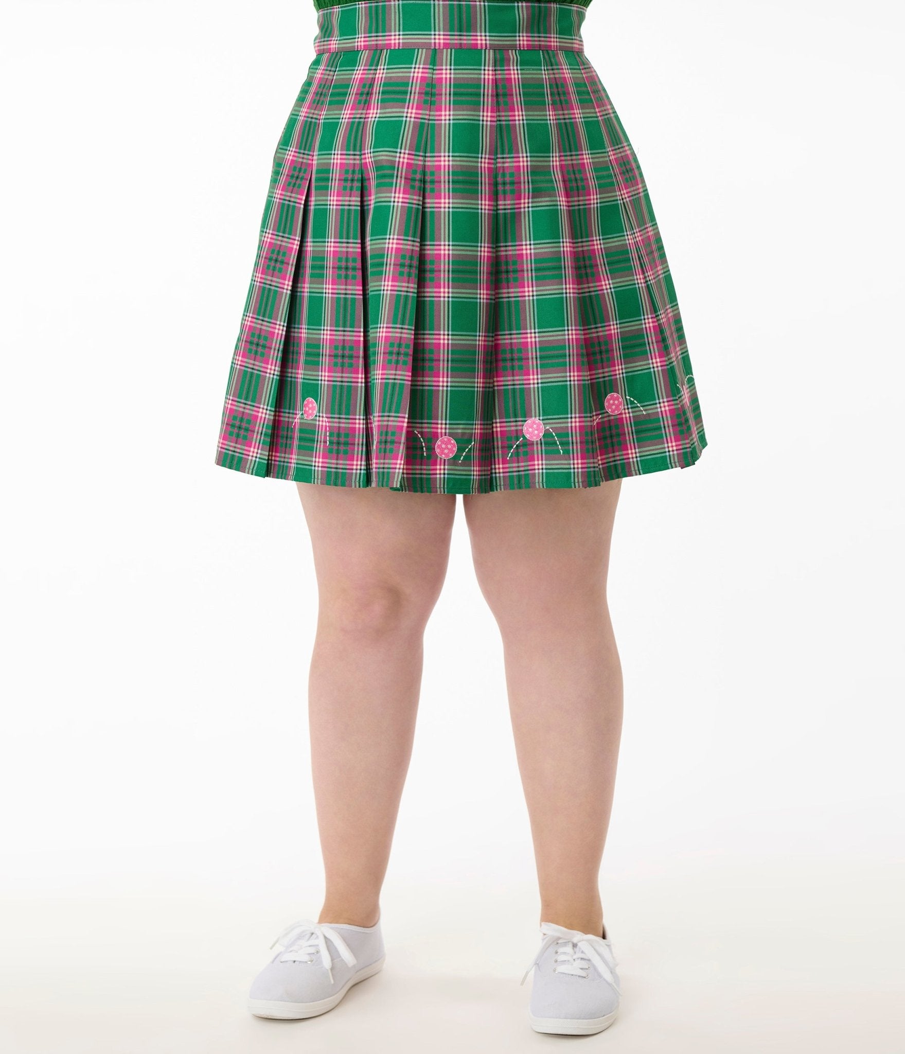 Smak Parlour Plus Size Pink & Green Plaid Pickleball Pleated Mini Skirt - Women's Athletic Tennis Skirt for Pickleball, Tennis & Casual Wear