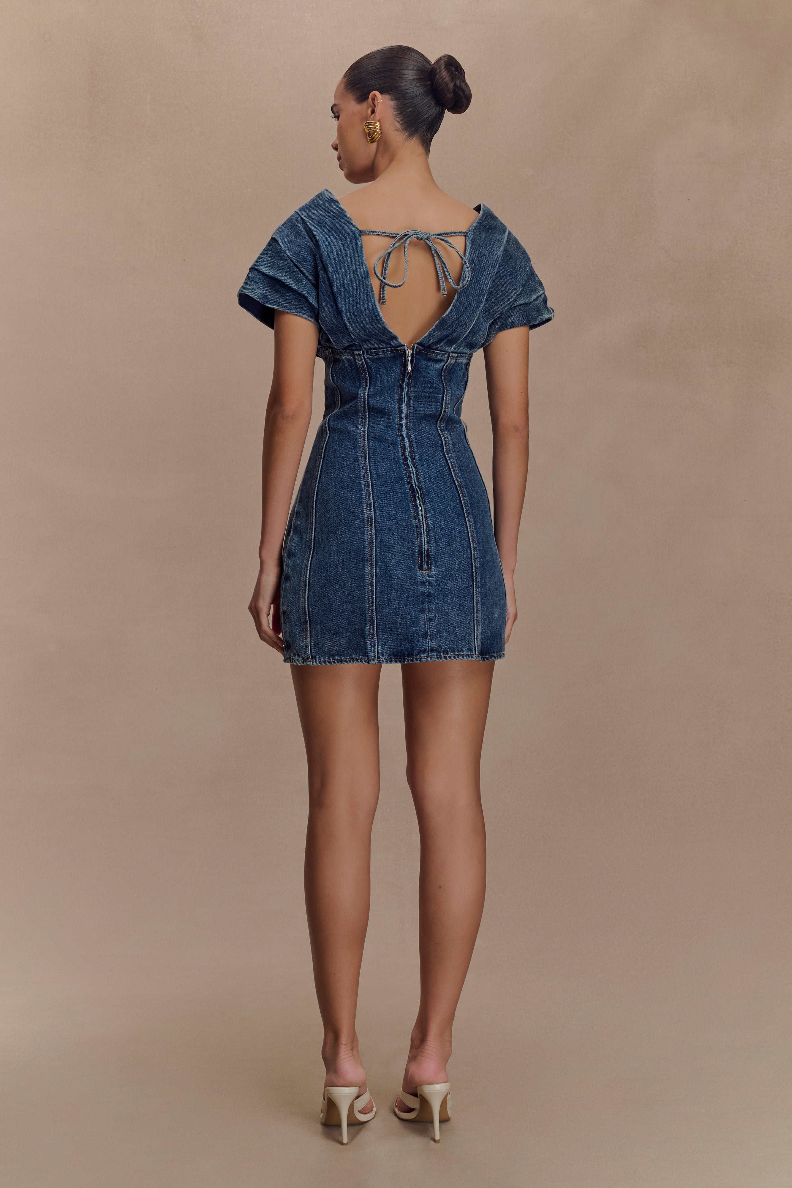 Pascale Off Shoulder Denim Mini Dress for Women - Washed Dark Blue Stretch Denim - Perfect for Summer Outfits, Beach Vacations & Date Nights