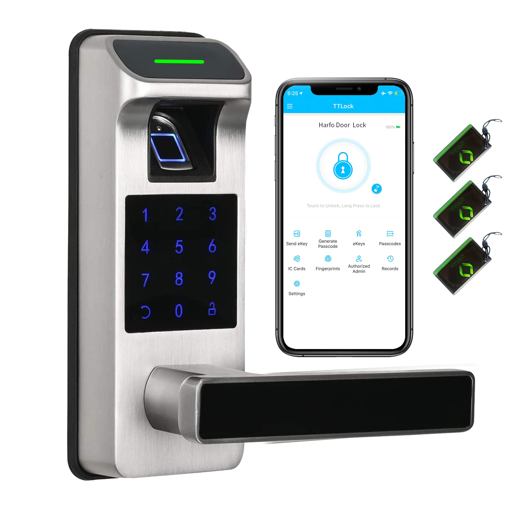 Smart Fingerprint Door Lock - 5-in-1 Keyless Entry with Touchscreen Keypad & Reversible Handle | Electronic Digital Lock for Home Security (Satin Nickel) | Perfect for Apartments, Vacation Homes & Smart Home Systems