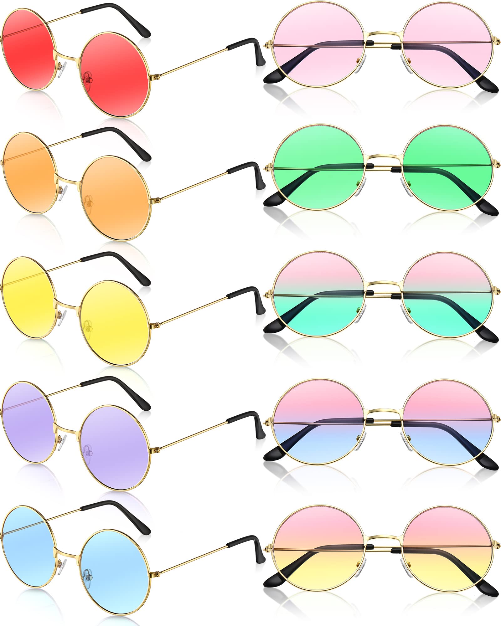 10 Pairs Round Hippie Sunglasses - Vintage 60s Style Colored Lens Circle Sunglasses for Women & Men - Perfect for Music Festivals, Beach Parties & Retro Fashion