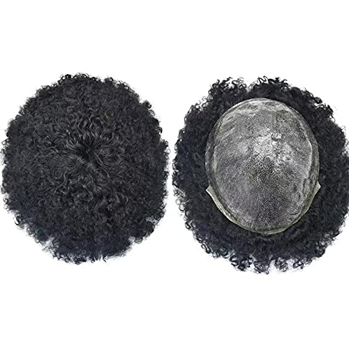 Afro Toupee for Black Men - African American Full Poly Thin Skin Hair System | Brazilian Human Hair Replacement with Weaves (8x10 Inches, #1 Jet Black, 12mm Afro Wave Curl) | Perfect for Daily Wear, Special Occasions & Hair Loss Solutions