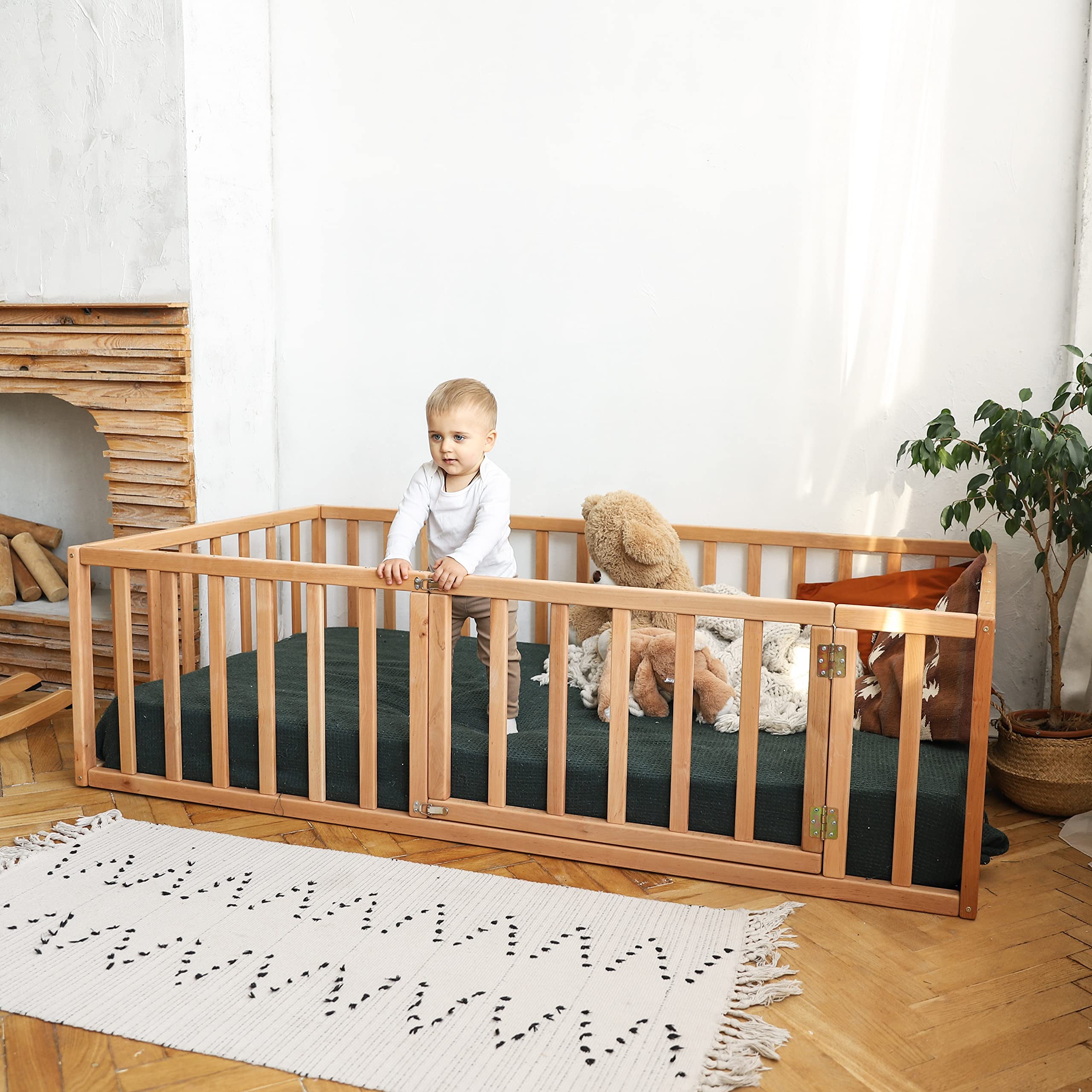 BUSYWOOD Wooden Floor Bed for Kids - Montessori Toddler Bed Frame with Safety Rails - Twin Size Platform Bed for Nursery & Playroom - Perfect for Montessori Bedrooms & Daycare Centers (Model 19)