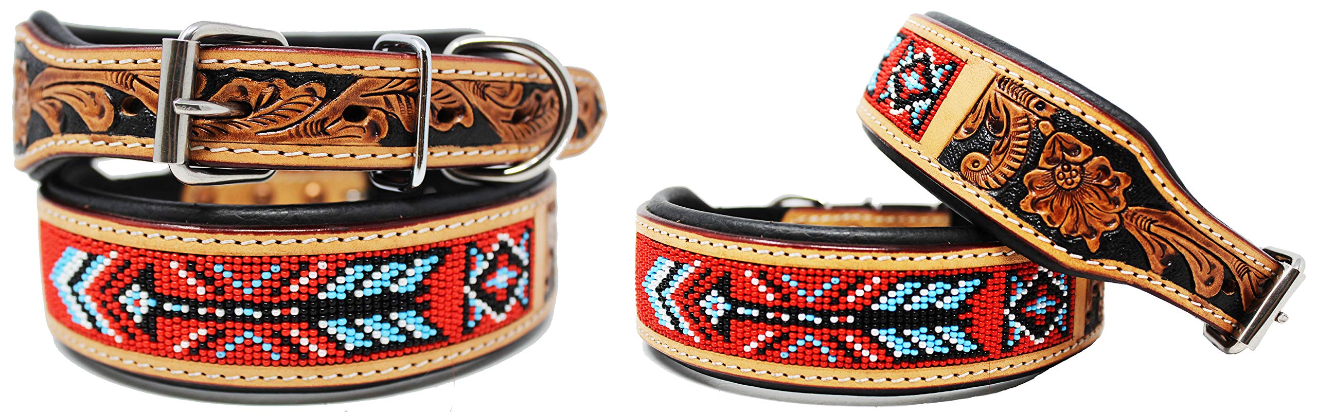 Hand-Tooled Beaded Padded Leather Dog Collar for Small & Medium Dogs - Adjustable Pet Collar with Rhinestone Decor - Perfect for Daily Walks, Training & Special Occasions