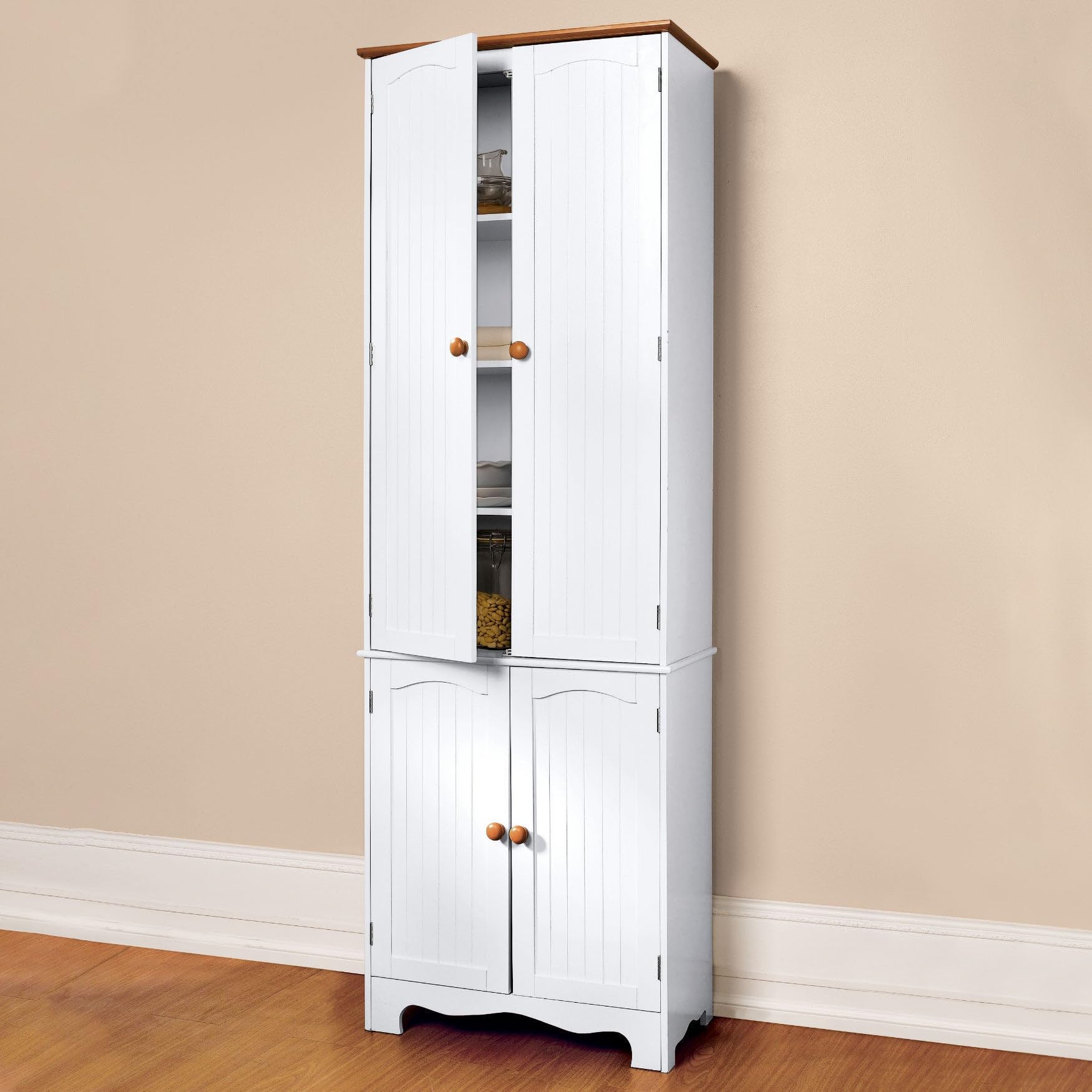 BrylaneHome White Honey Country Kitchen Tall Cabinet - Freestanding Storage for Dishes, Cookware & Pantry Items | Perfect for Farmhouse, Cottage & Rustic Kitchens