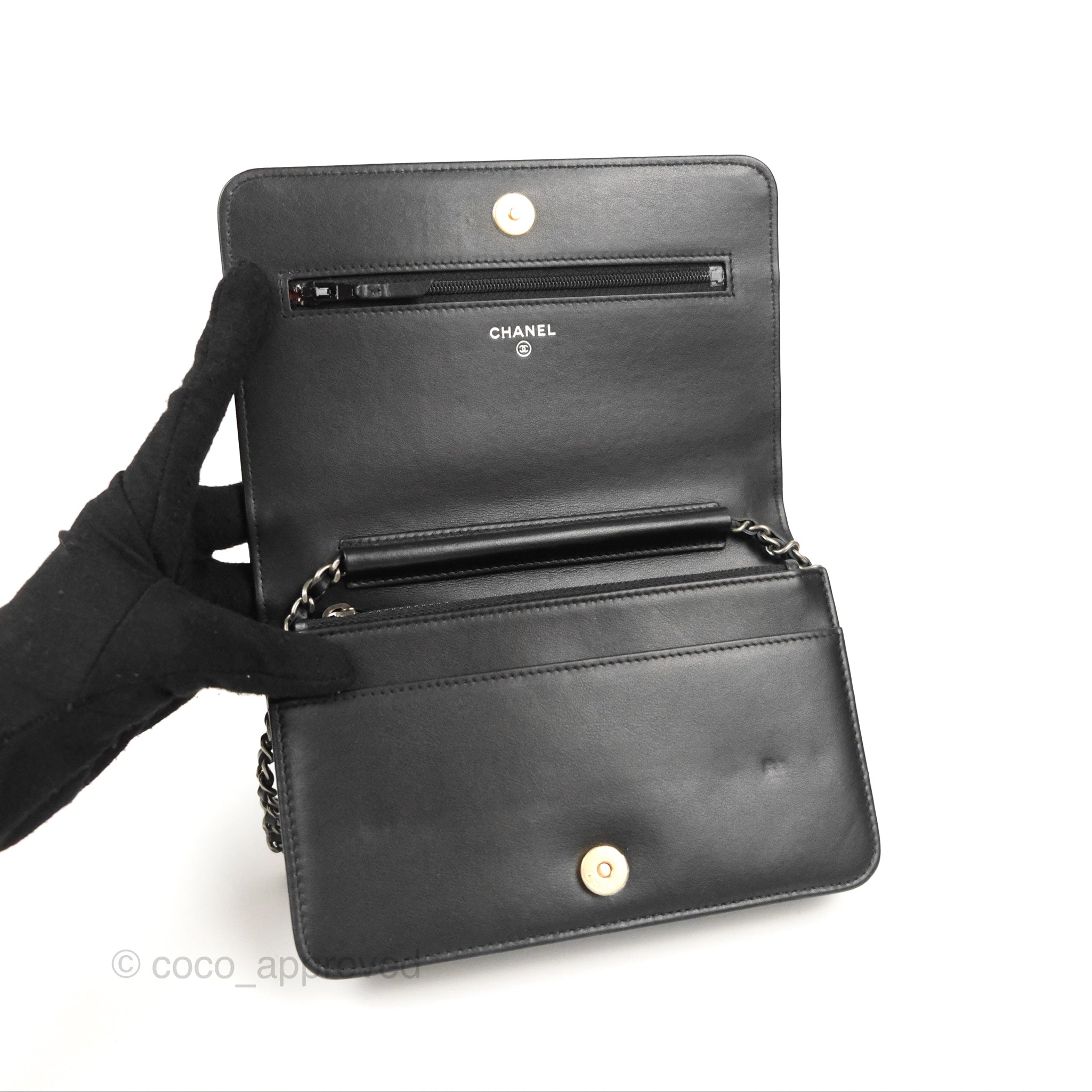 Chanel Chevron Wallet on Chain WOC Black Calfskin Gold Hardware - Luxury Crossbody Bag for Women, Perfect for Evening Events & Daily Use
