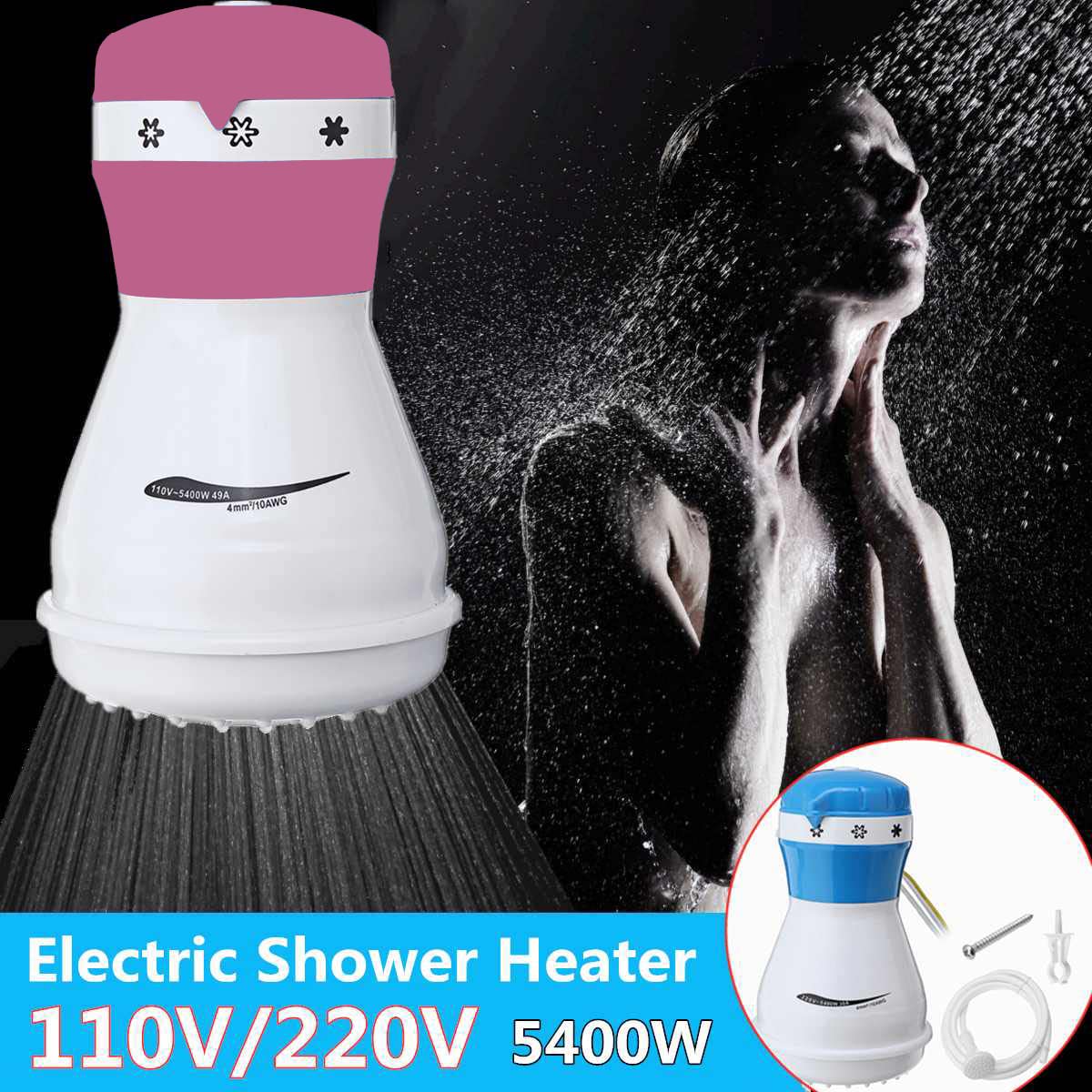 5400W Instant Hot Water Electric Shower Head with Adjustable Hose & Bracket - Fast Heating Bathroom Shower Nozzle for Home, RV & Camping Use