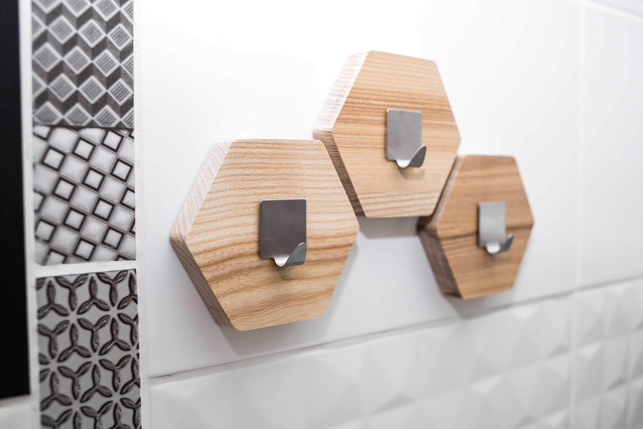 EWARTWOODS Dark Brown Wooden Wall Hooks Set of 3 - Modern Bathroom Towel Rack & Coat Hanger with Honeycomb Design - Space Saving Storage Solution for Bathrooms, Bedrooms, and Entryways