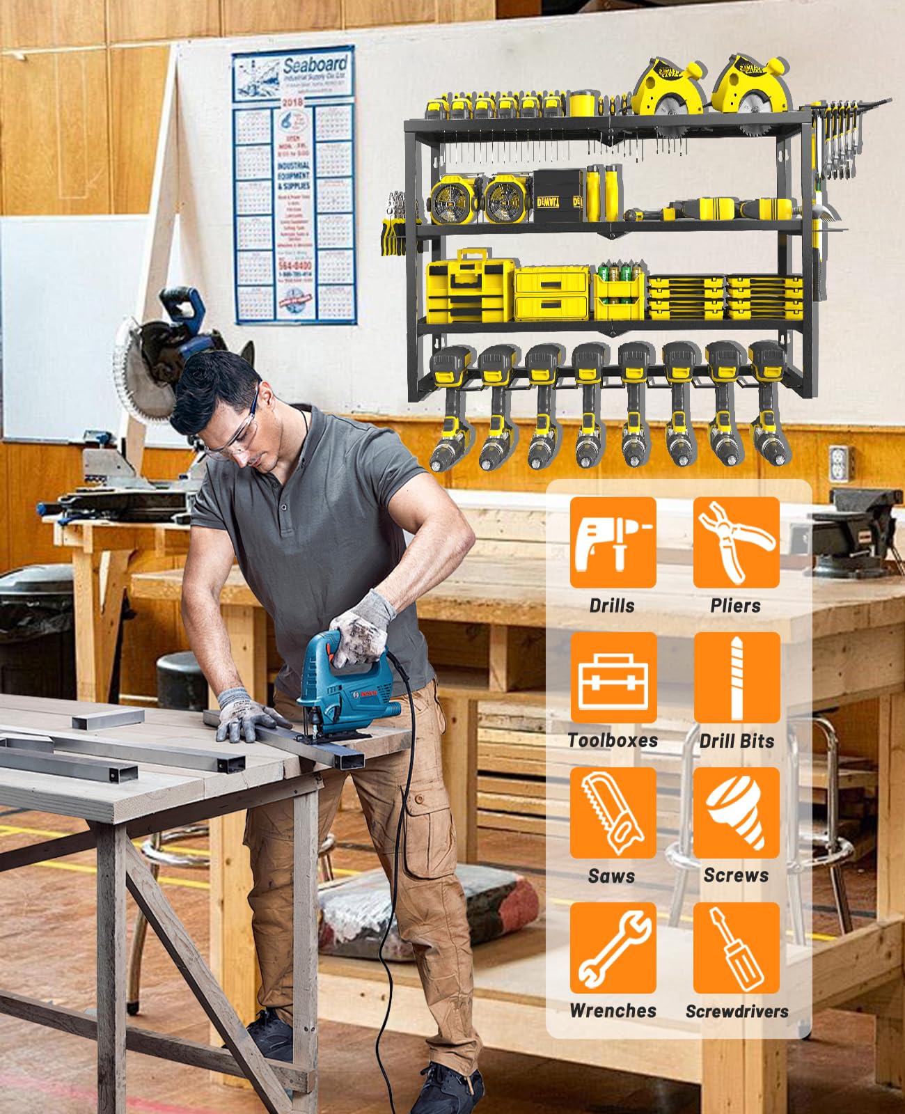 Wall Mount Power Tool Organizer with 4 Tiers & 8 Drill Holders - Heavy Duty Garage Tool Storage Rack for Drills, Wrenches & Screwdrivers - Perfect Workshop Organization & DIY Gift for Men, Husband, Father - Ideal for Garage, Shed & Home Improvement Projects