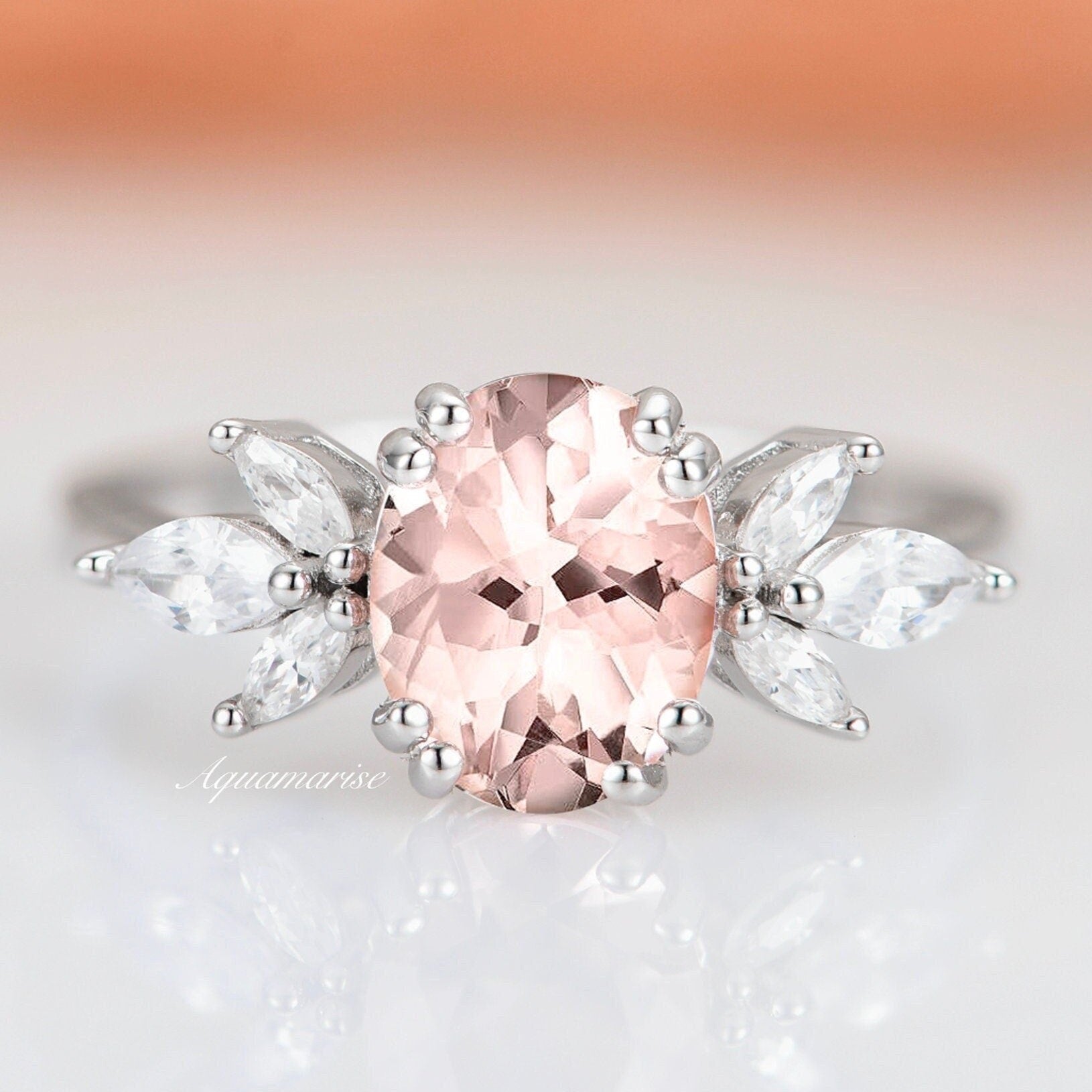 Eva Morganite Ring Sterling Silver - Rose Gold Plated, Vintage Engagement Ring for Women, Perfect Gift for Anniversary, Valentine's Day & Proposal