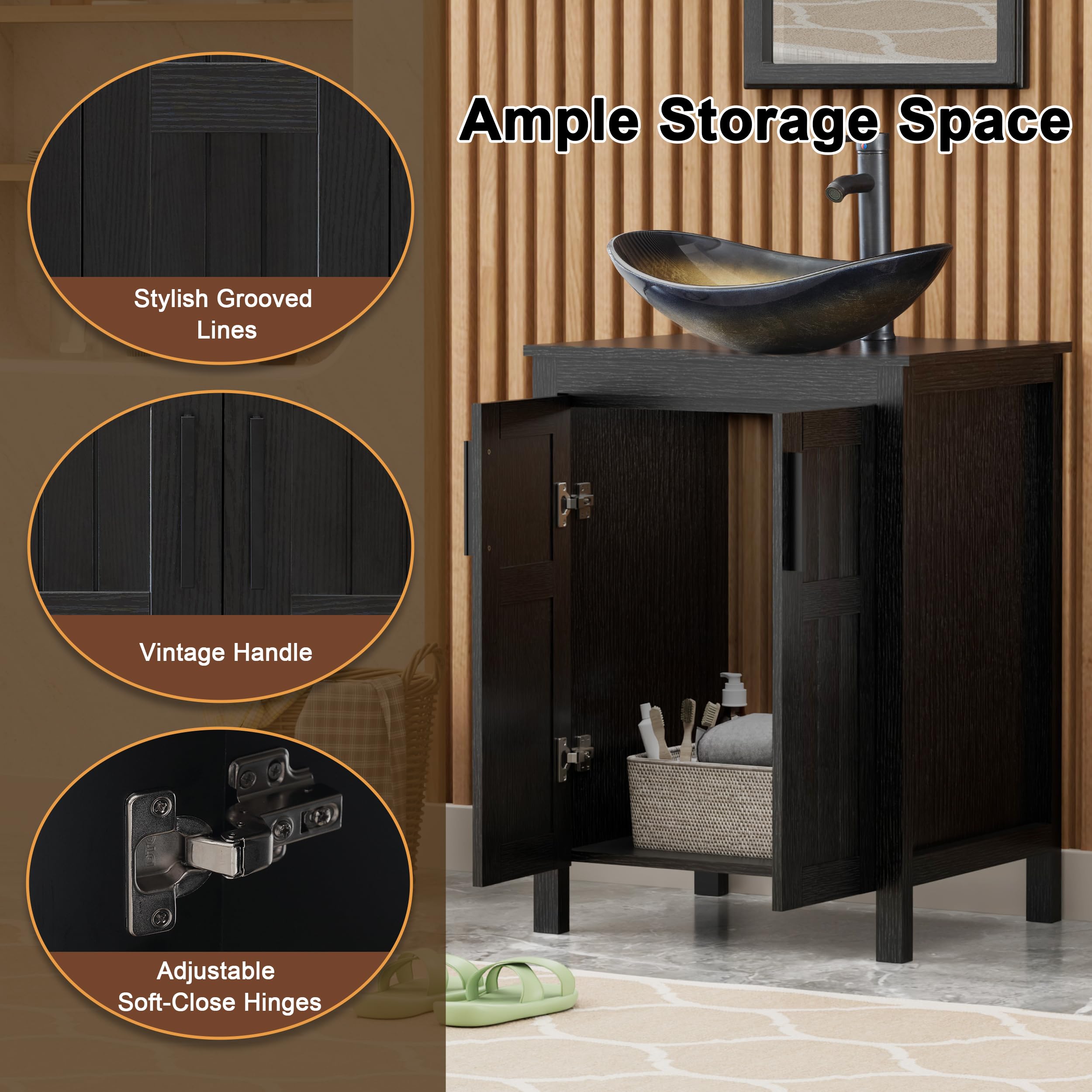 24 Inch Black Freestanding Bathroom Vanity with Champagne Boat Tempered Glass Vessel Sink - Modern Double Door Sink Cabinet with Grooved Design & Metal Handles | Perfect for Small Bathrooms, Powder Rooms & Contemporary Home Decor