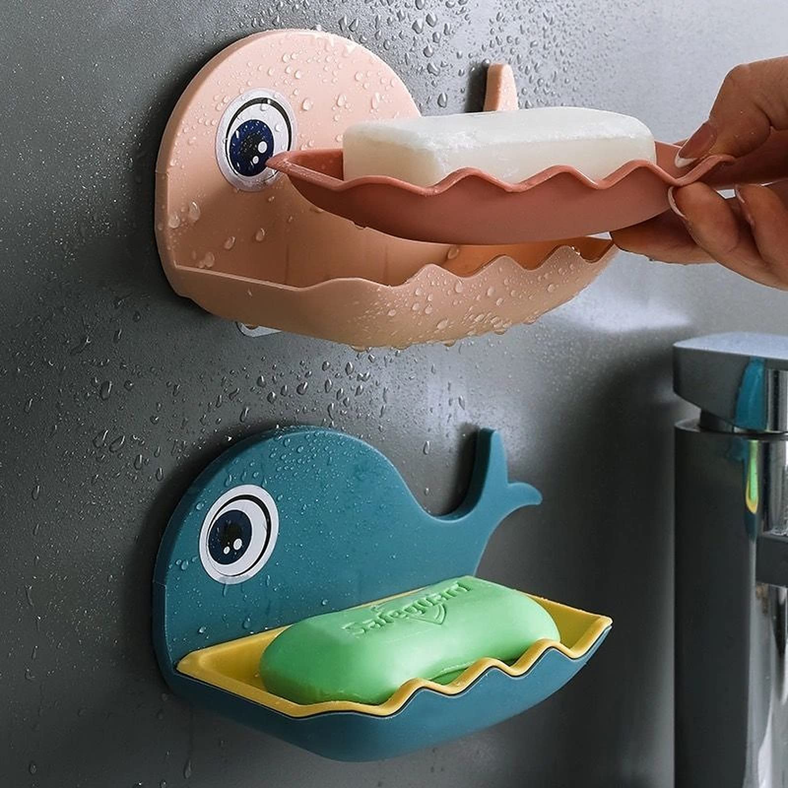 Wolpin Soap Holder for Bathroom & Kitchen - Wall Mounted Soap Dish with Magic Stickers, Fish Design (Pack of 2, Random Color Plastic) - Perfect for Sink, Shower, and Countertop Organization