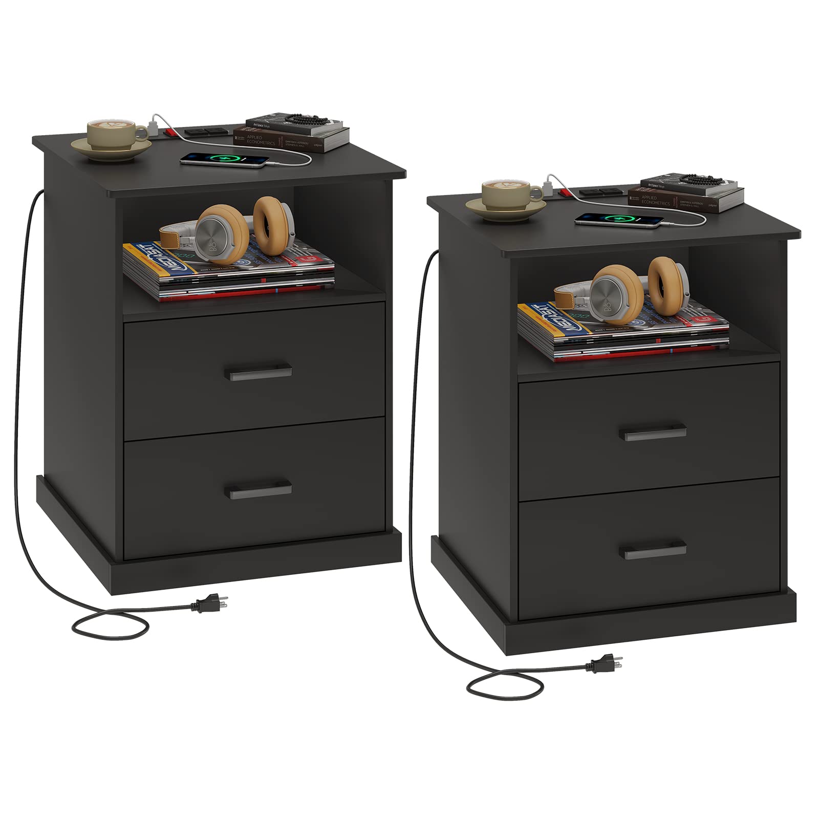 Hasuit Nightstand Set of 2 with Charging Station & Storage - Black Bedside Tables for Bedroom & Office