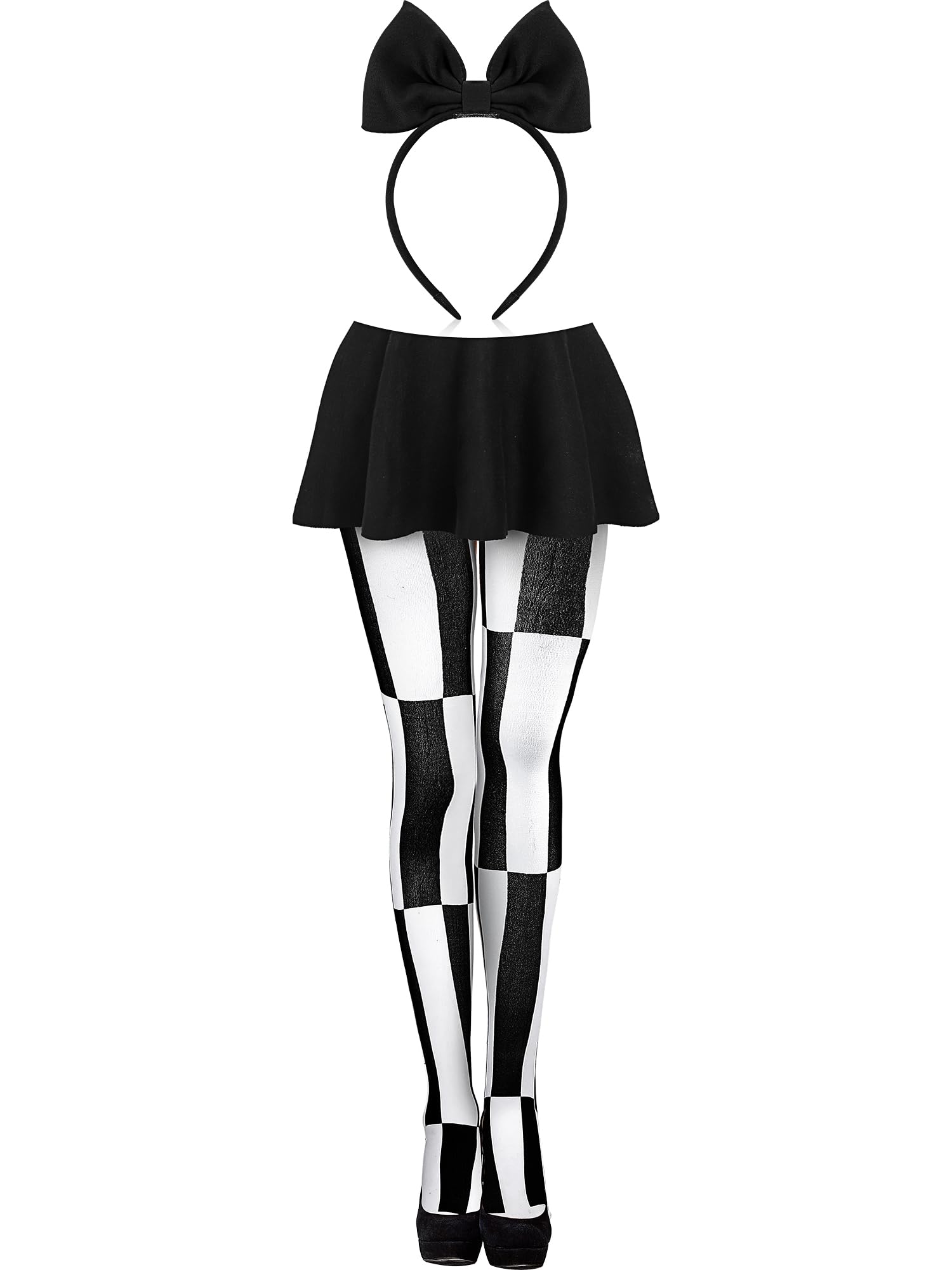 2-Pack Women's Sheer Tights & Plaid Bow Headband Set - Black & White Striped Pantyhose Leggings with Hair Accessories for Office, Party, Cosplay and Daily Wear