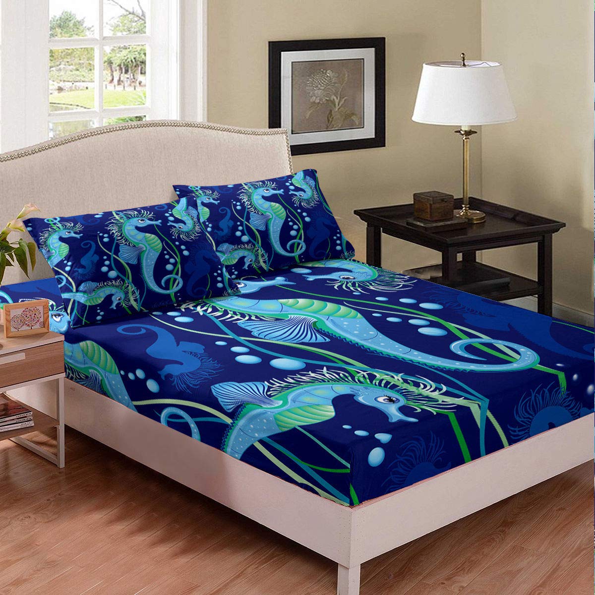 **Seahorse Bedding Set for Teen Girls - Marine Life & Ocean Theme Decor - Queen Size Fitted Sheet & Pillowcase Set with Deep Pockets - Cute Cartoon Sea Animal & Seaweed Pattern - Perfect for Coastal, Nautical, or Underwater-Themed Bedrooms**