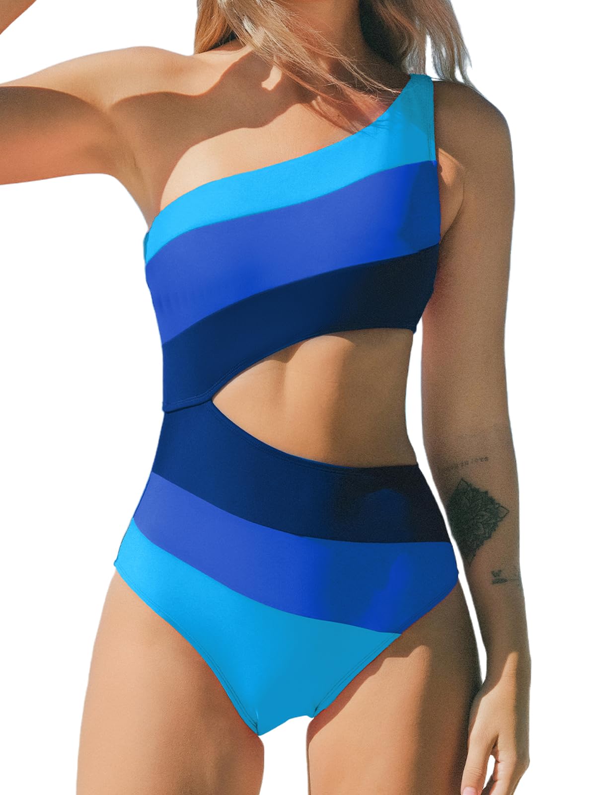 CUPSHE Women's One Shoulder One Piece Swimsuit - Sexy Cutout Color Block Bathing Suit for Beach, Pool & Summer Vacation | Tummy Control Swimwear