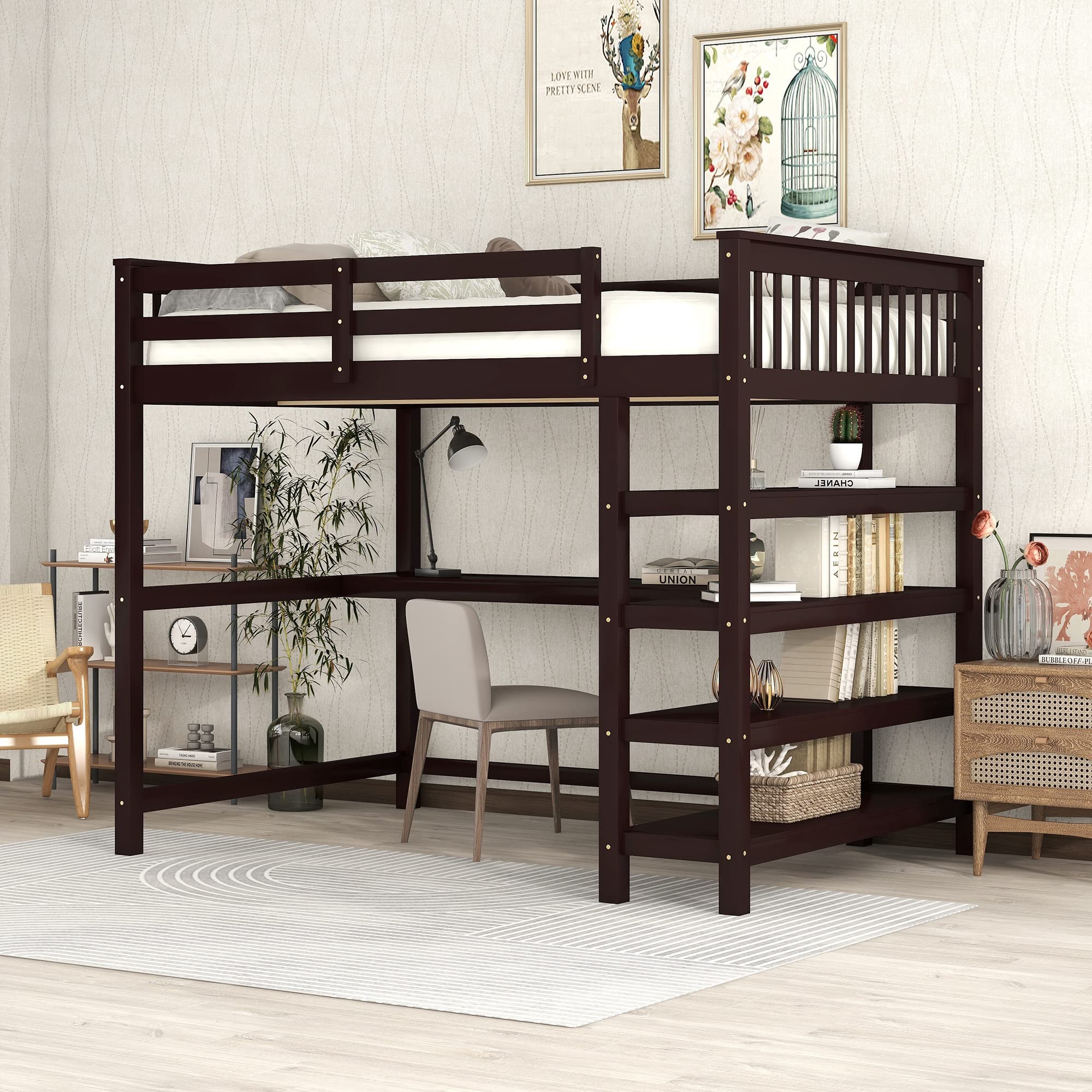 Bellemave Full Size Wooden Loft Bed with Built-in Desk & 4-Shelf Bookcase - Sturdy Storage Loft Bed for Teens, Kids, Dorm Rooms - Espresso Finish - Perfect for Small Spaces & Study Areas
