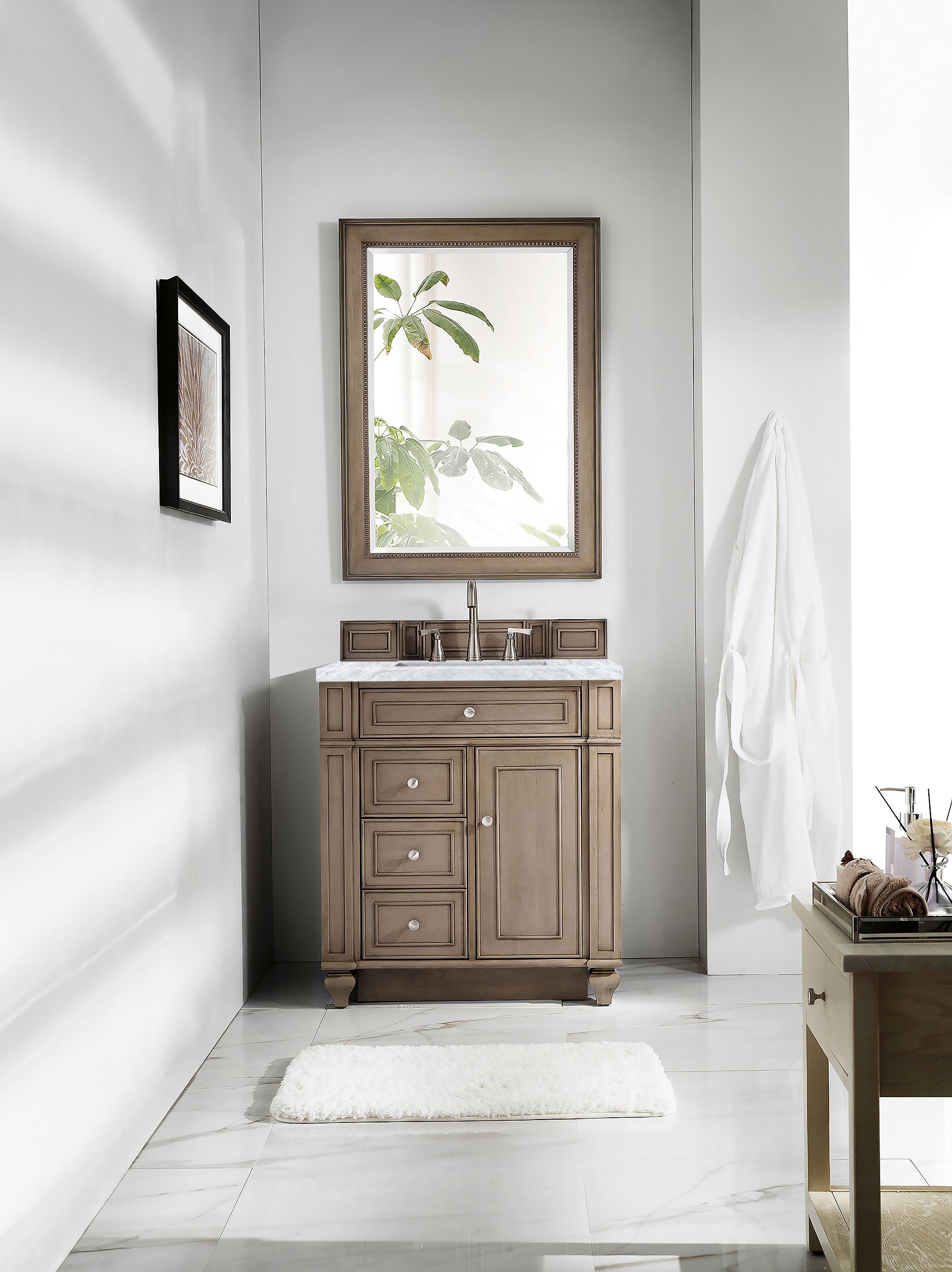 Bristol 30-Inch Single Bathroom Vanity Set - Whitewashed Walnut Finish with 3CM Carrara Marble Countertop | Perfect for Modern Farmhouse & Coastal Bathroom Designs
